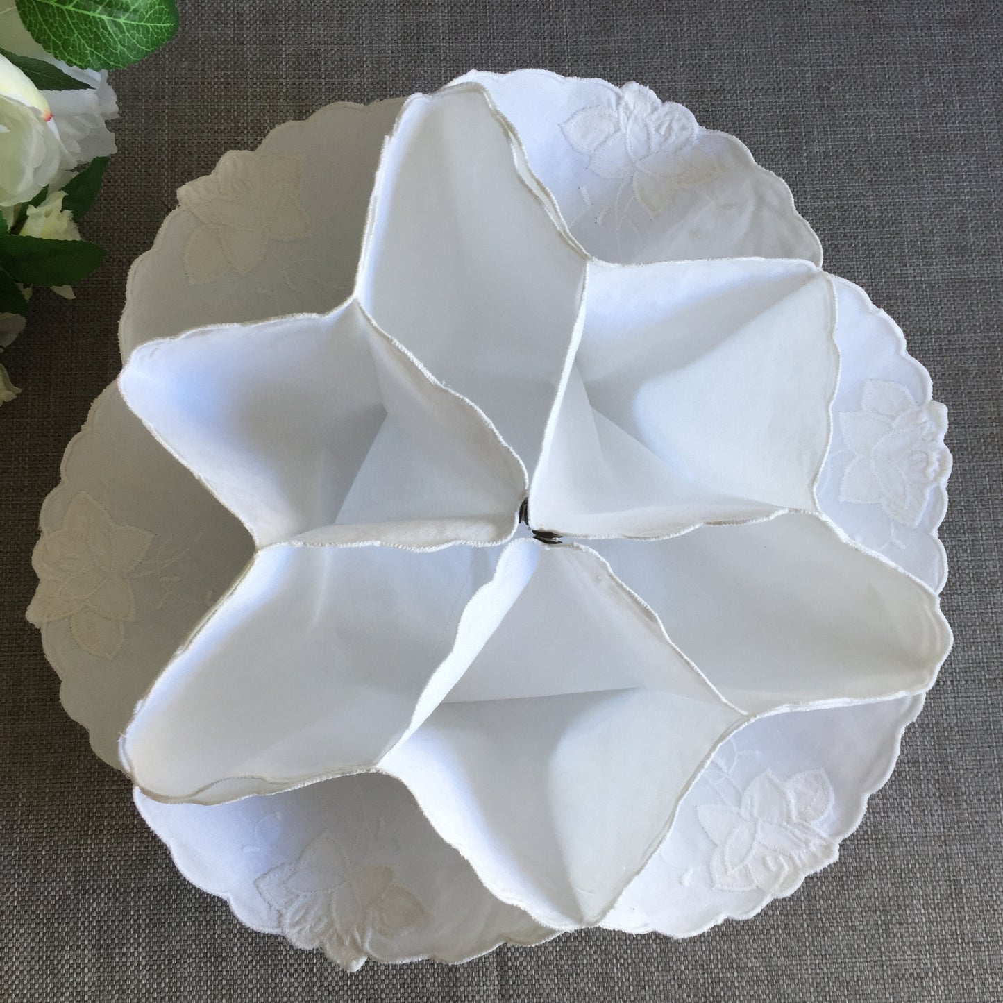 White Cotton Vintage Floral Applique Embroidered Bread Roll | Scone Holder