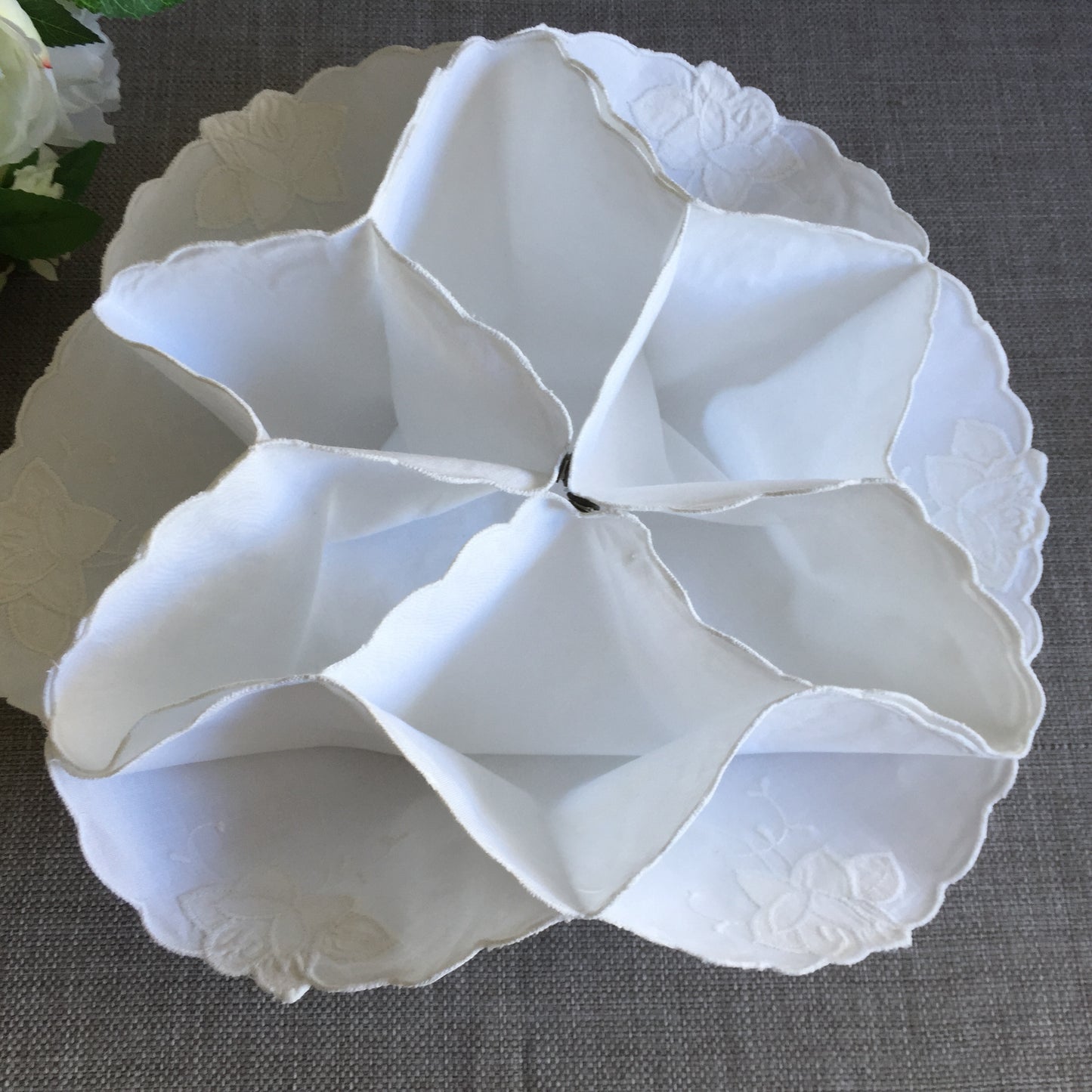 White Cotton Vintage Floral Applique Embroidered Bread Roll | Scone Holder