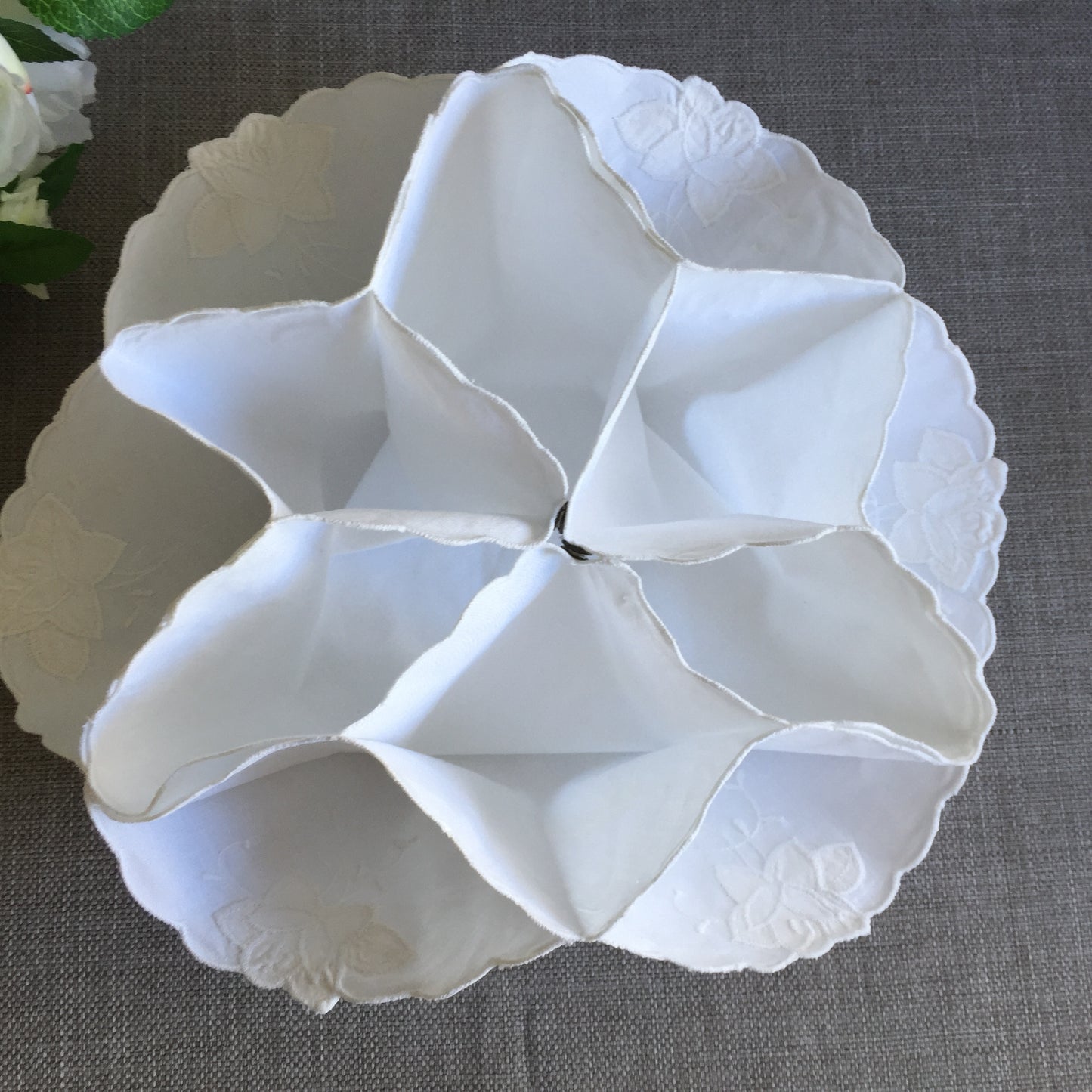 White Cotton Vintage Floral Applique Embroidered Bread Roll | Scone Holder