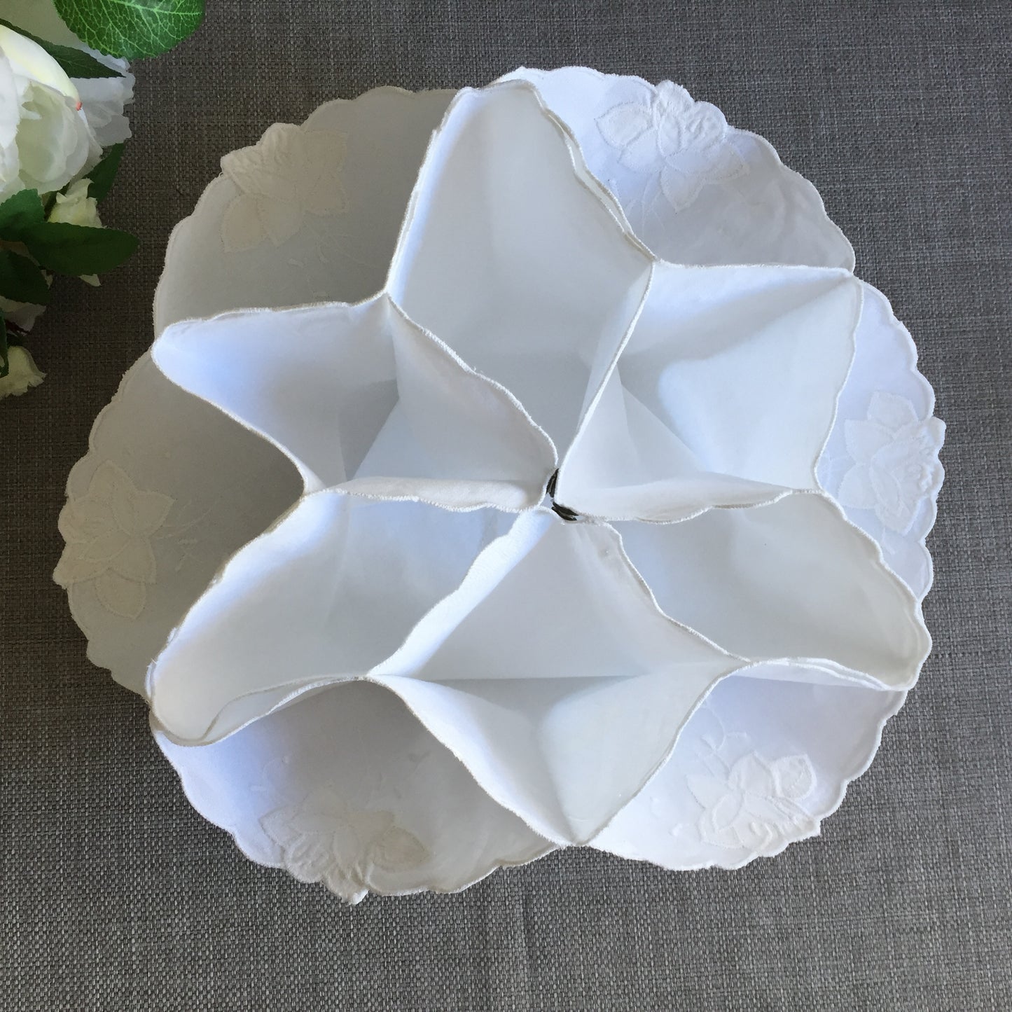 White Cotton Vintage Floral Applique Embroidered Bread Roll | Scone Holder