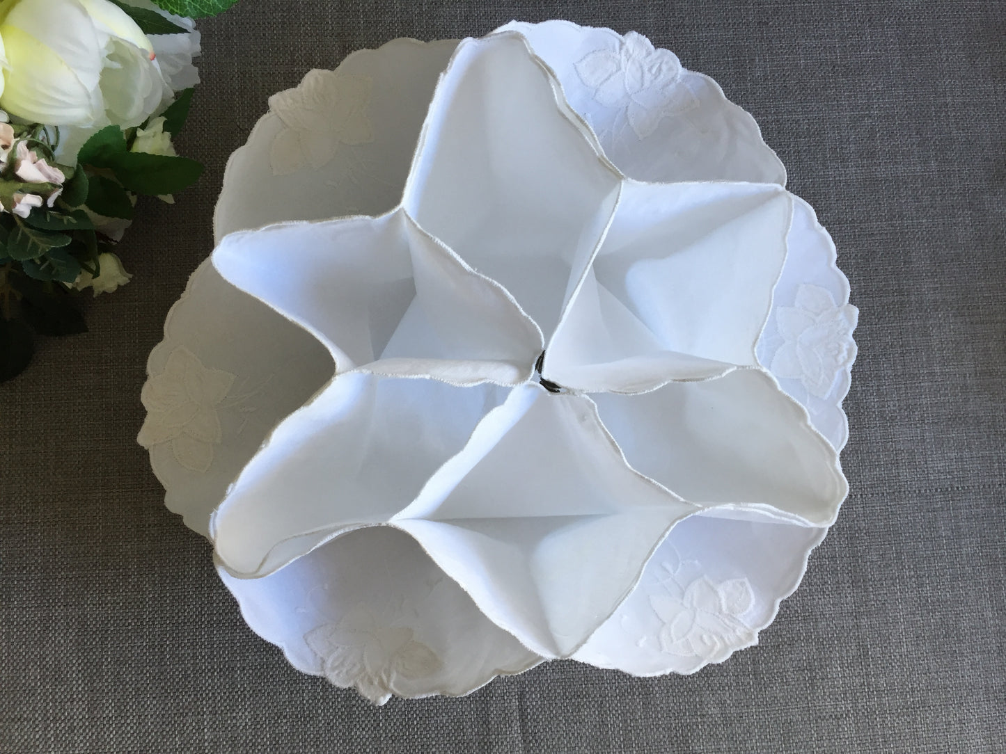 White Cotton Vintage Floral Applique Embroidered Bread Roll | Scone Holder