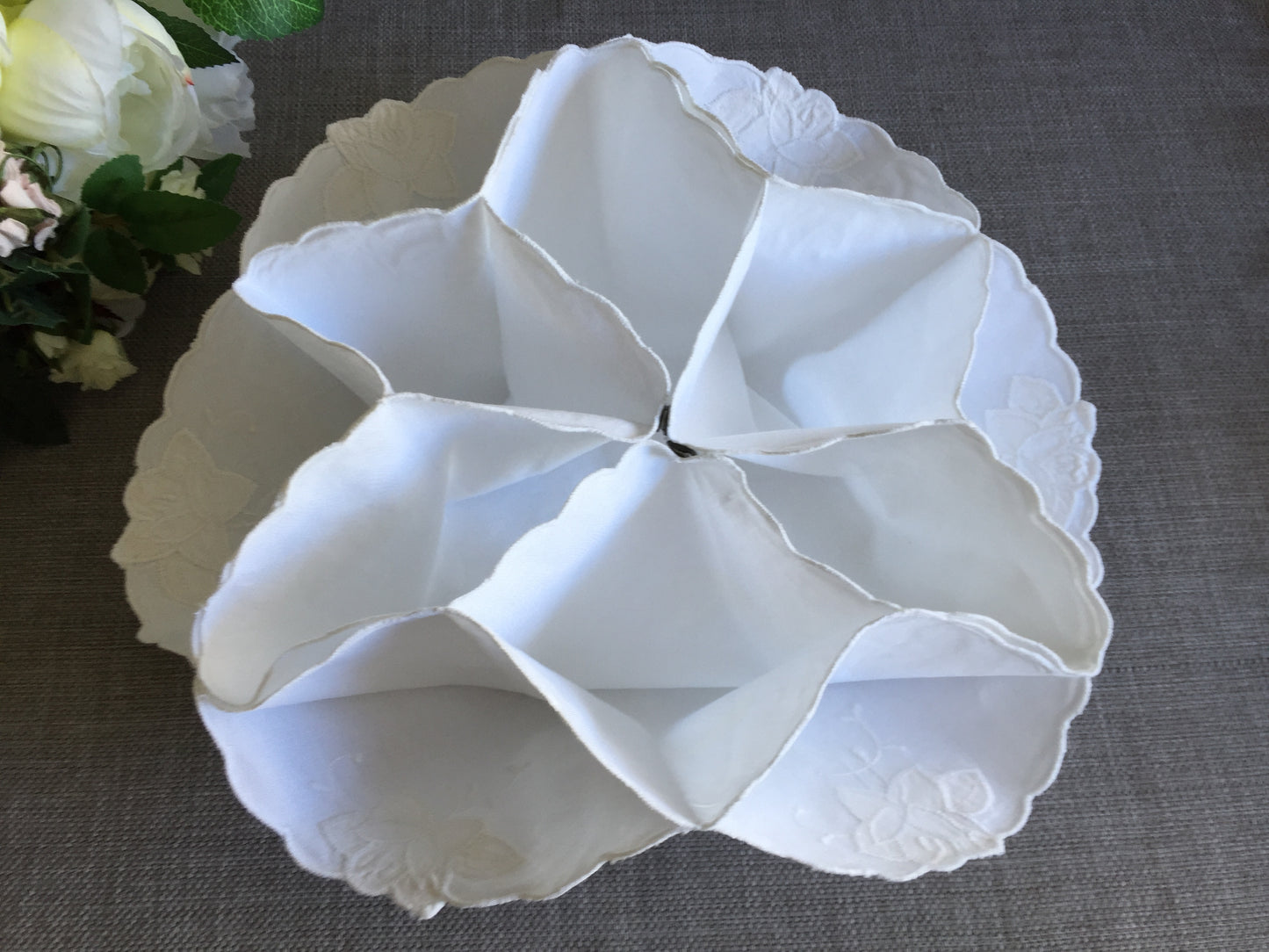 White Cotton Vintage Floral Applique Embroidered Bread Roll | Scone Holder