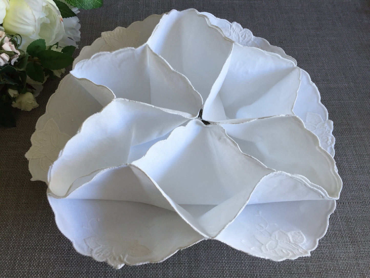 White Cotton Vintage Floral Applique Embroidered Bread Roll | Scone Holder