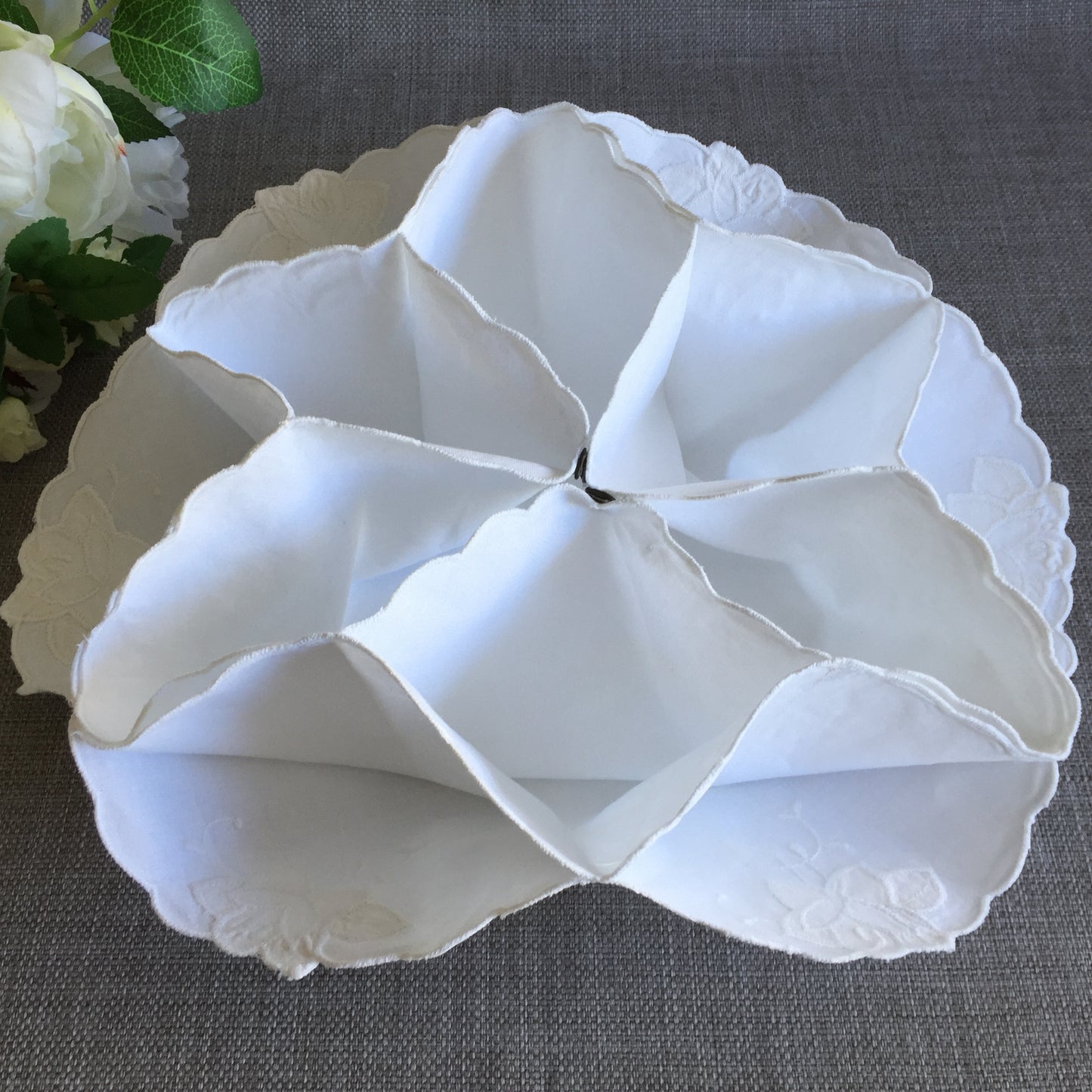 White Cotton Vintage Floral Applique Embroidered Bread Roll | Scone Holder