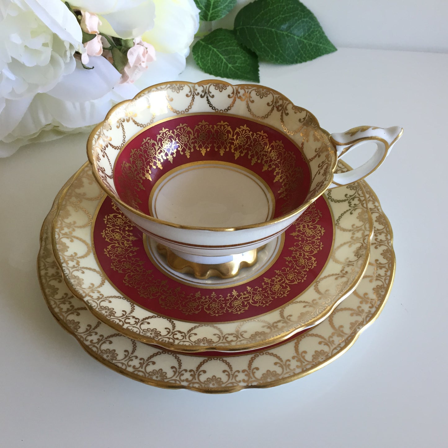 Rare 1950s Vintage Royal Stafford Teacup, Saucer & Plate Bone China Demitasse Trio