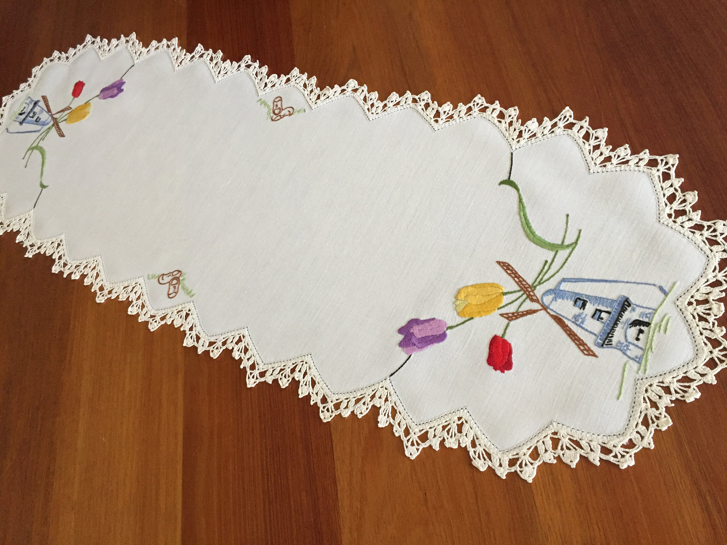 Australian Vintage Hand Embroidered Table Runner | Butterfly | Windmill Design