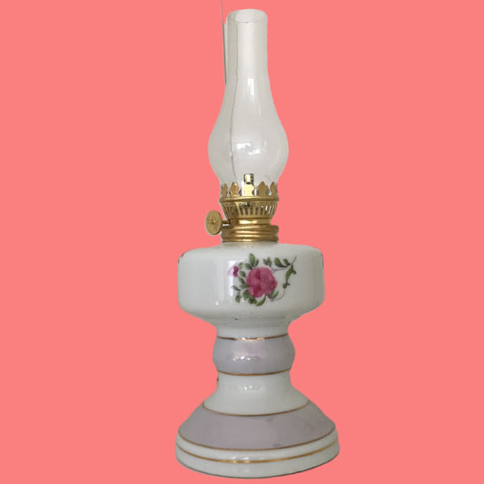 Unused Japanese Vintage Lustreware Oil Lamp with Pink Roses Design