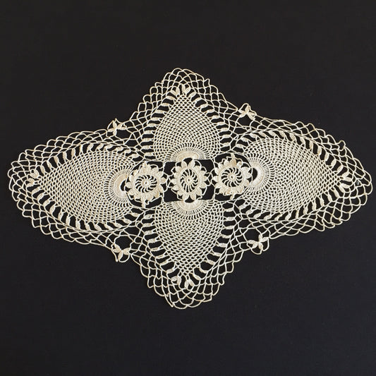 Oblong Crocheted Beige Cotton Lace Doily with Pineapple Pattern