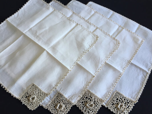 Handmade Vintage Beige Cotton Napkins with Crochet Lace