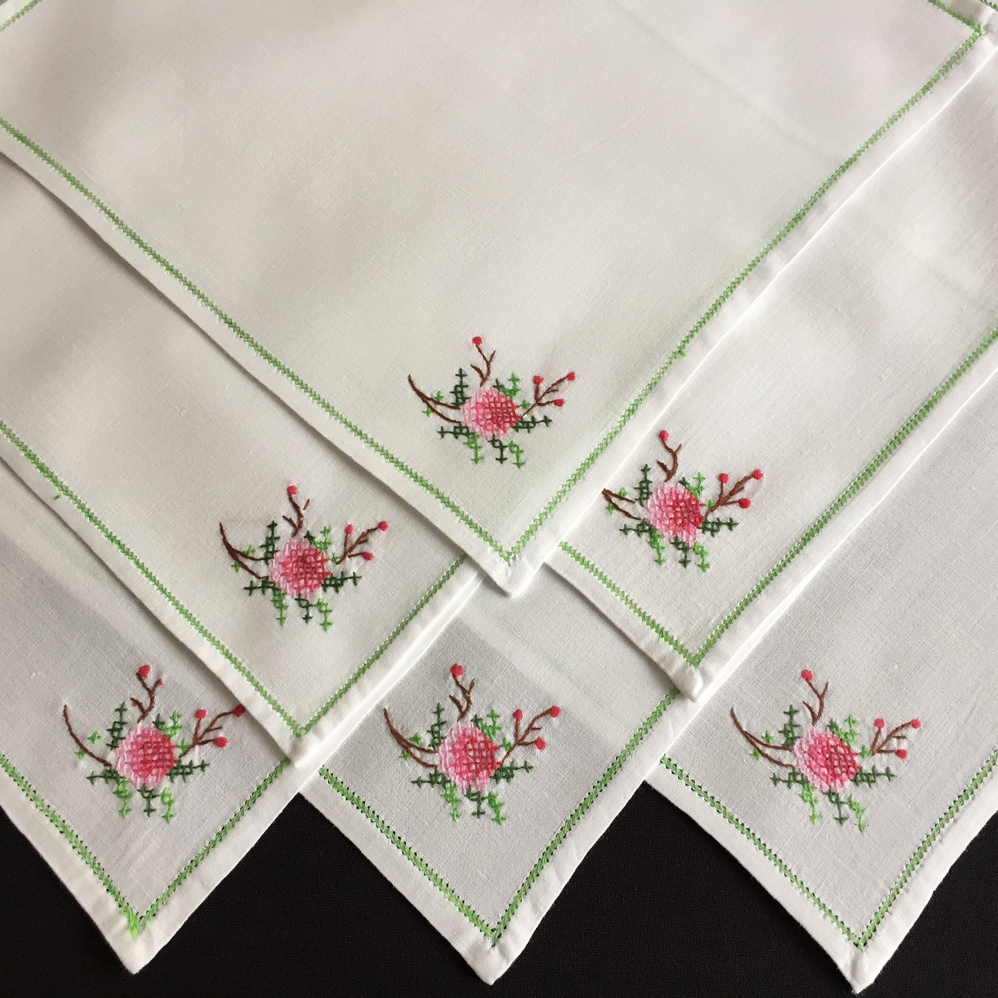 A Set of 6 Vintage Cross Stitch Hand Embroidered Cotton Reusable Napkins