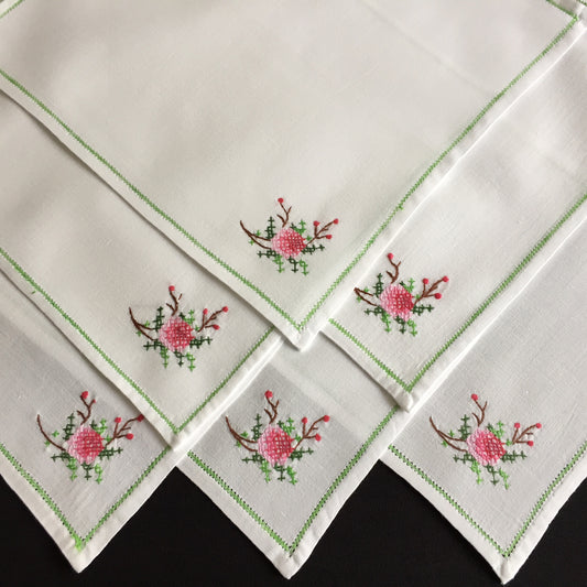 A Set of 6 Vintage Cross Stitch Hand Embroidered Cotton Reusable Napkins
