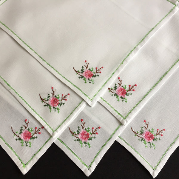 A Set of 6 Vintage Cross Stitch Hand Embroidered Cotton Reusable Napkins
