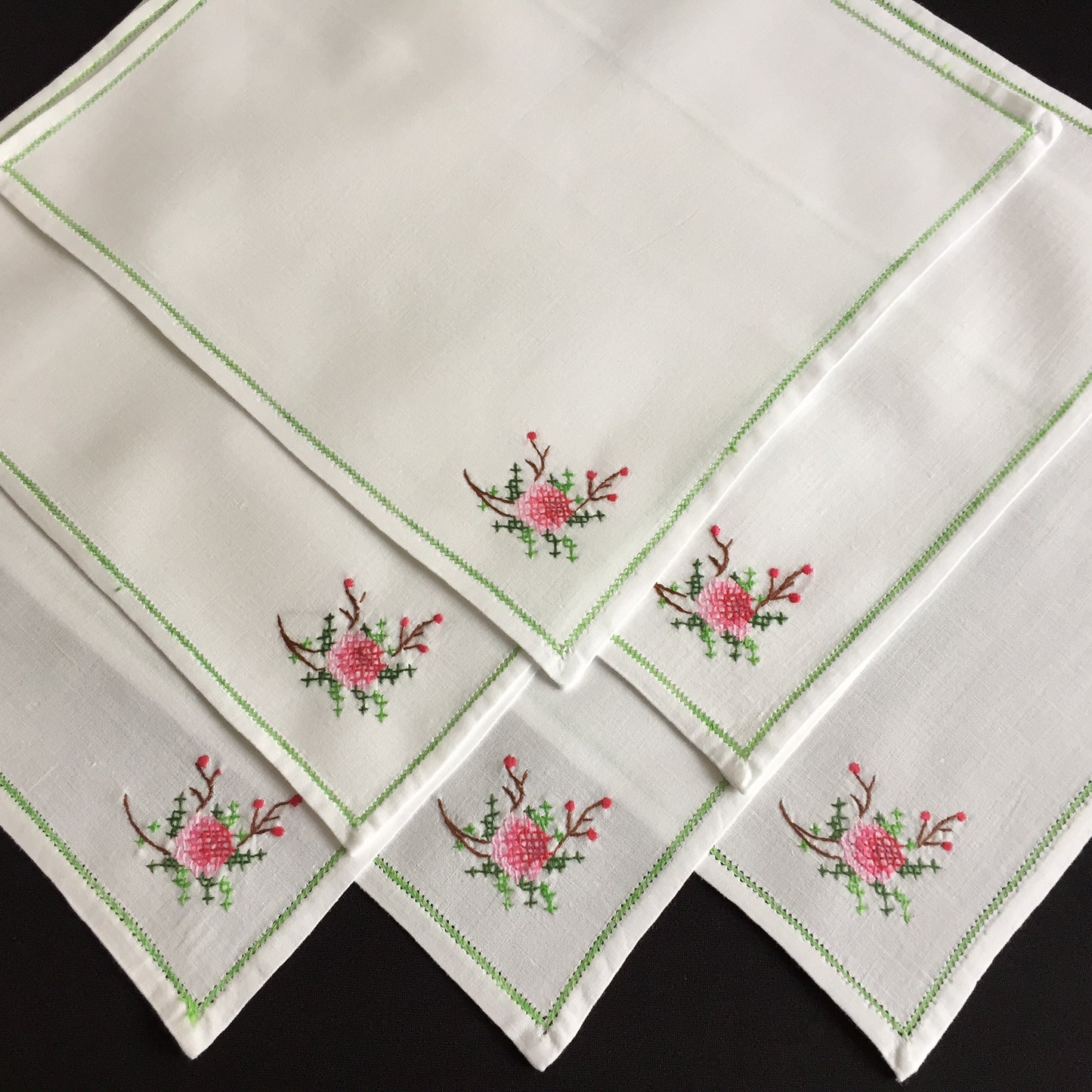 A Set of 6 Vintage Cross Stitch Hand Embroidered Cotton Reusable Napkins