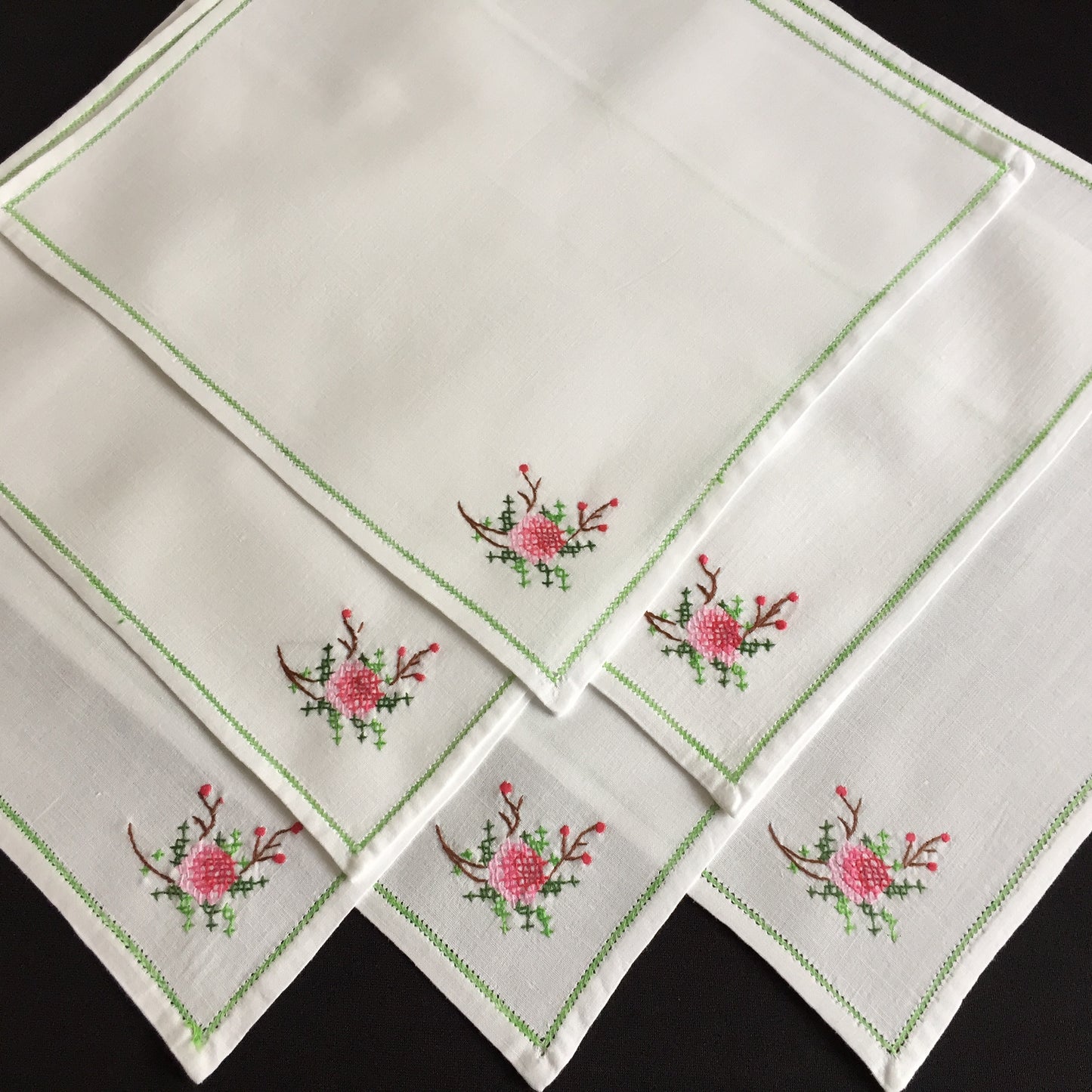 A Set of 6 Vintage Cross Stitch Hand Embroidered Cotton Reusable Napkins