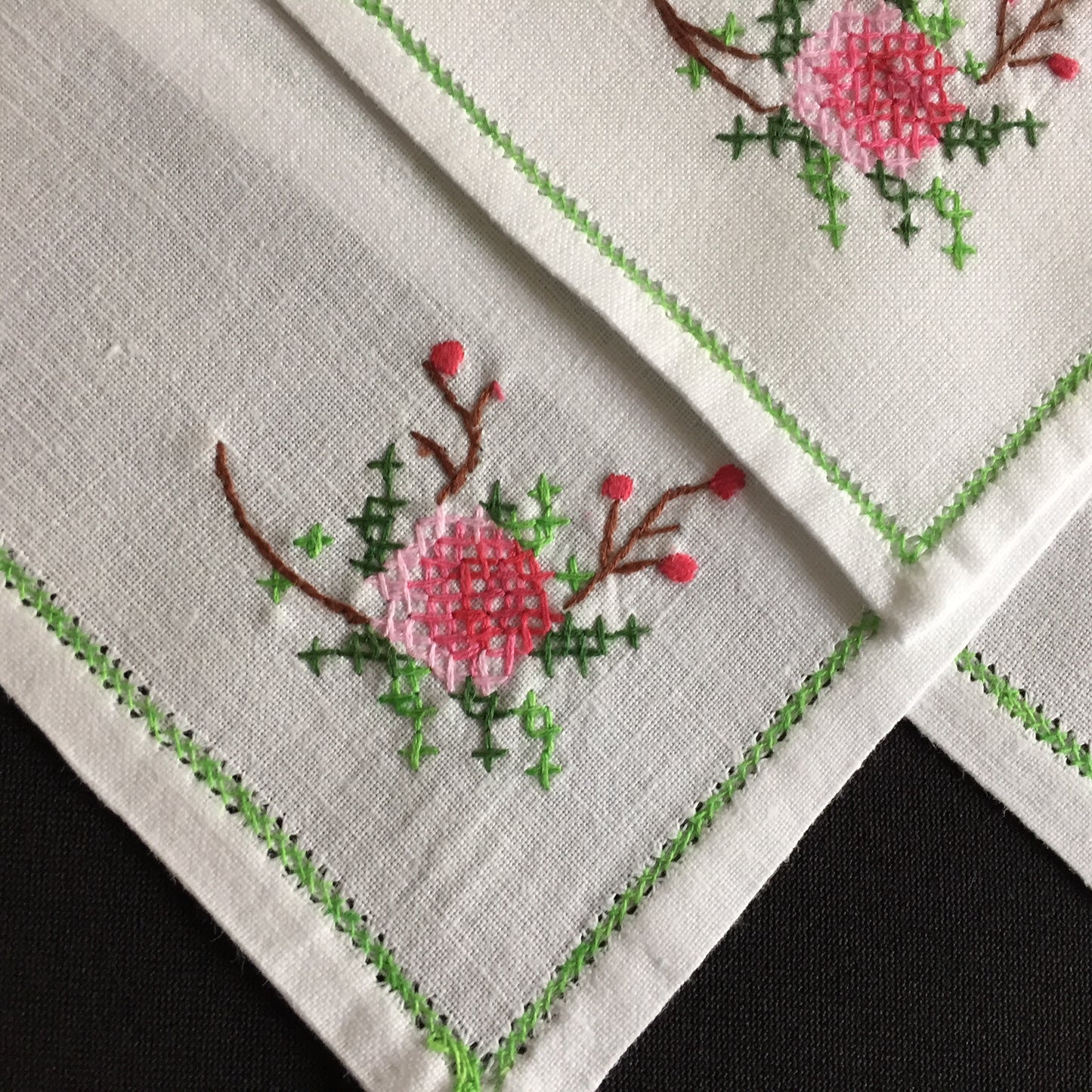 A Set of 6 Vintage Cross Stitch Hand Embroidered Cotton Reusable Napkins