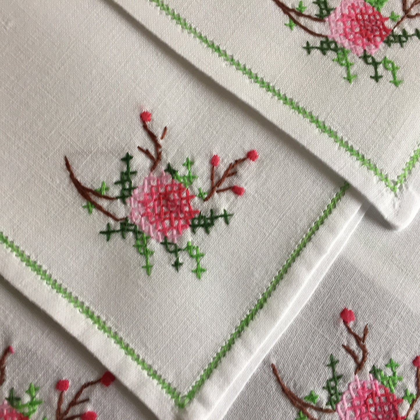 A Set of 6 Vintage Cross Stitch Hand Embroidered Cotton Reusable Napkins