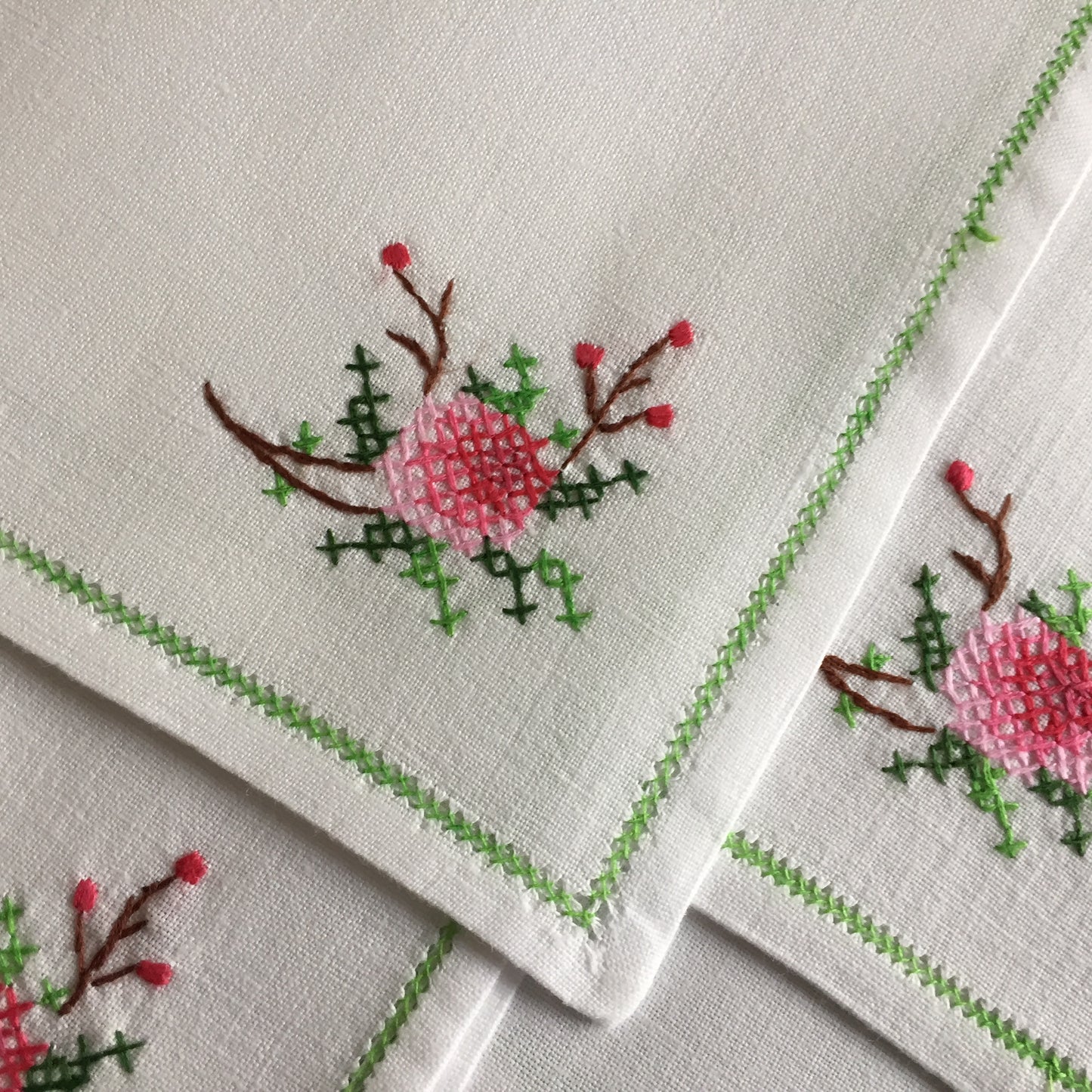 A Set of 6 Vintage Cross Stitch Hand Embroidered Cotton Reusable Napkins