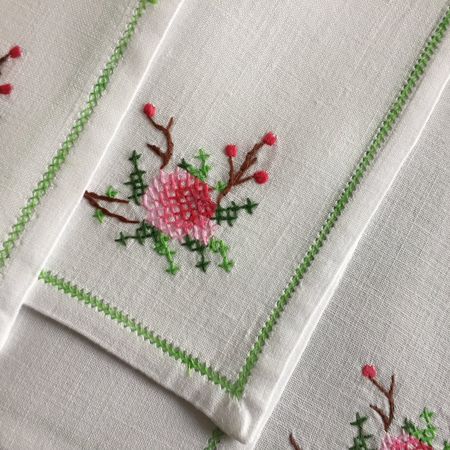 A Set of 6 Vintage Cross Stitch Hand Embroidered Cotton Reusable Napkins