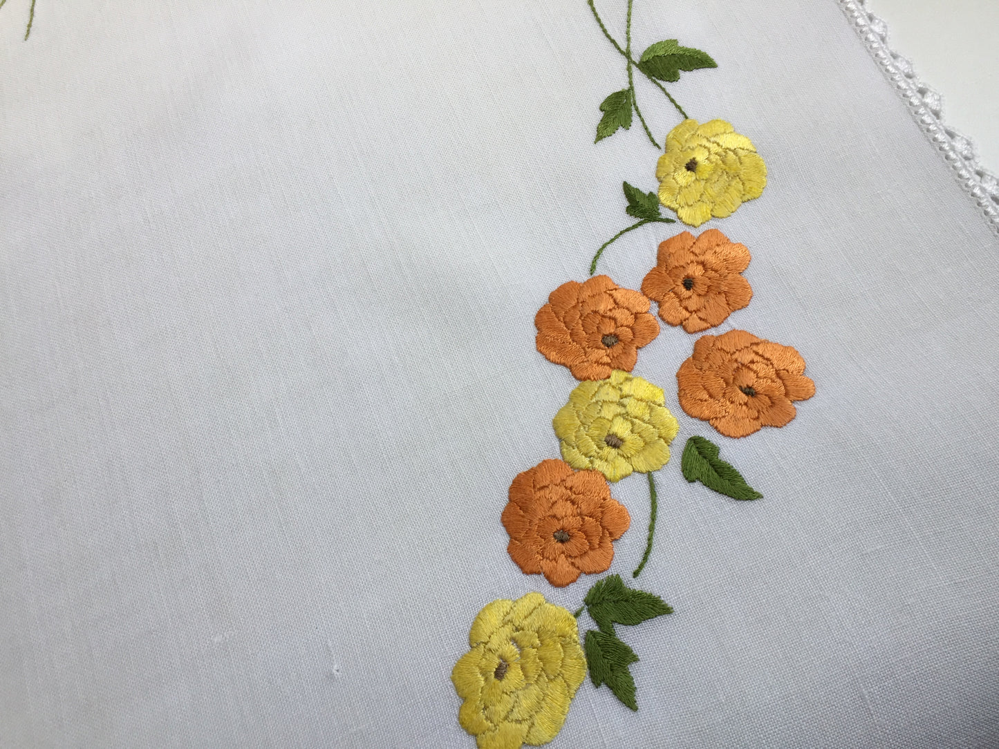 1940s Vintage Hand Embroidered Table Centre Doily with Yellow Zinnias Pattern