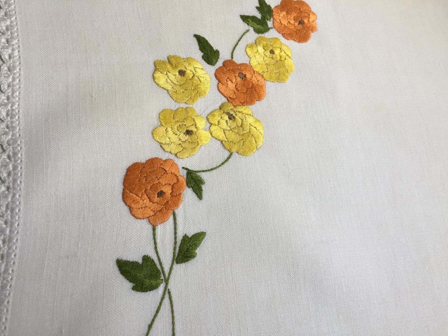 1940s Vintage Hand Embroidered Table Centre Doily with Yellow Zinnias Pattern