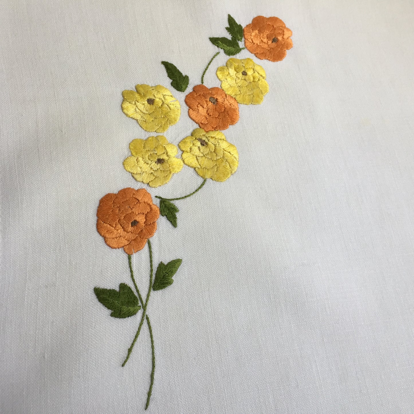 1940s Vintage Hand Embroidered Table Centre Doily with Yellow Zinnias Pattern