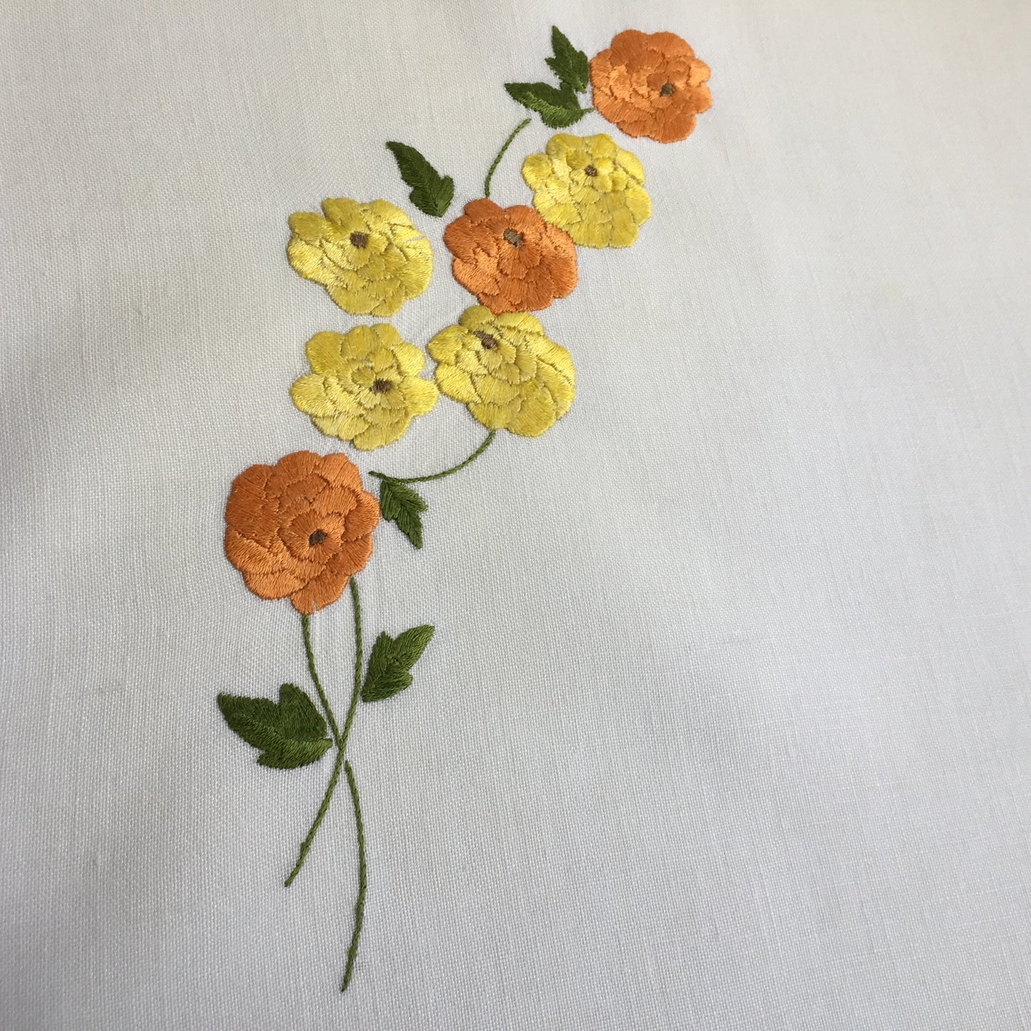 1940s Vintage Hand Embroidered Table Centre Doily with Yellow Zinnias Pattern