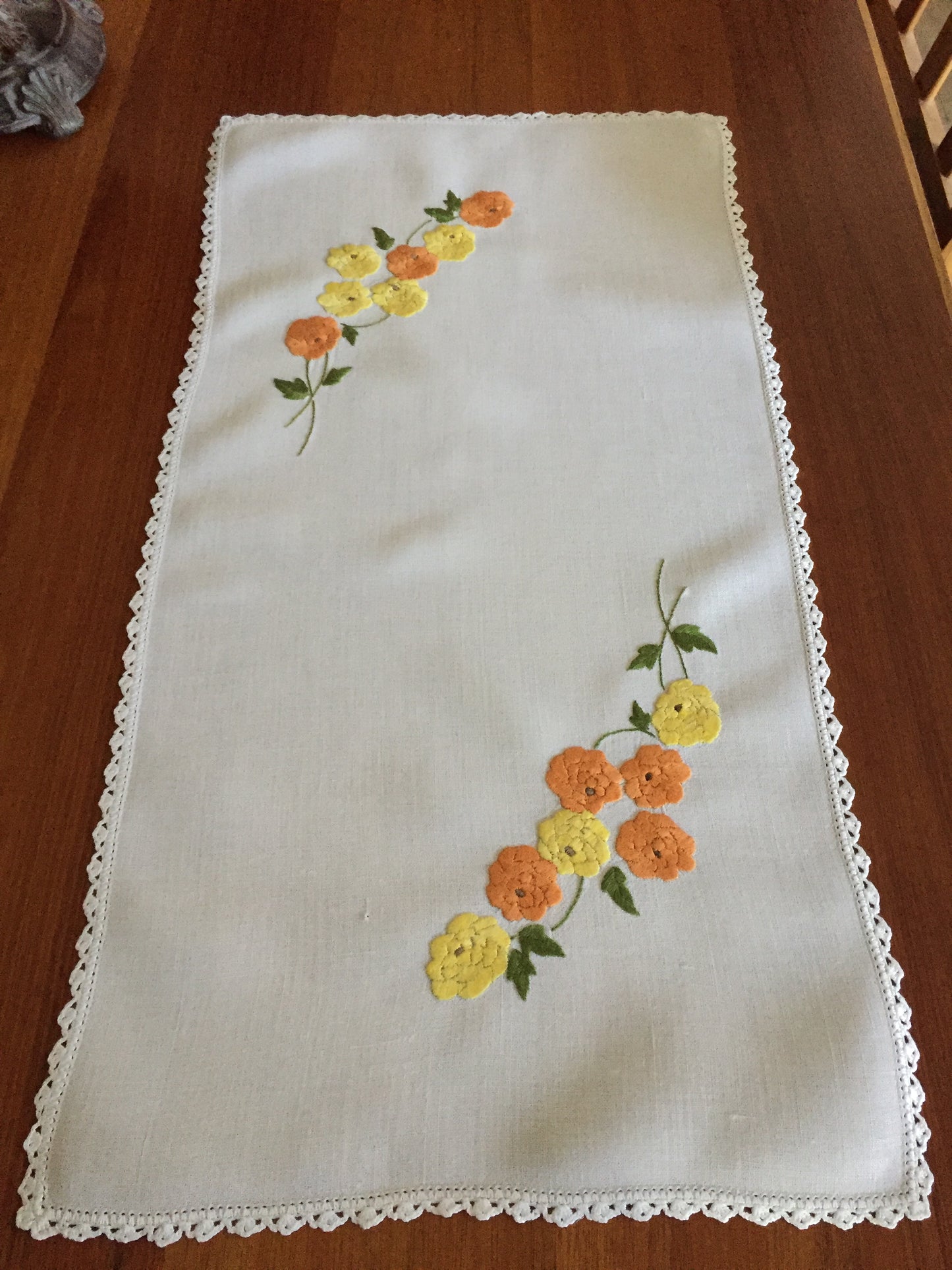 1940s Vintage Hand Embroidered Table Centre Doily with Yellow Zinnias Pattern