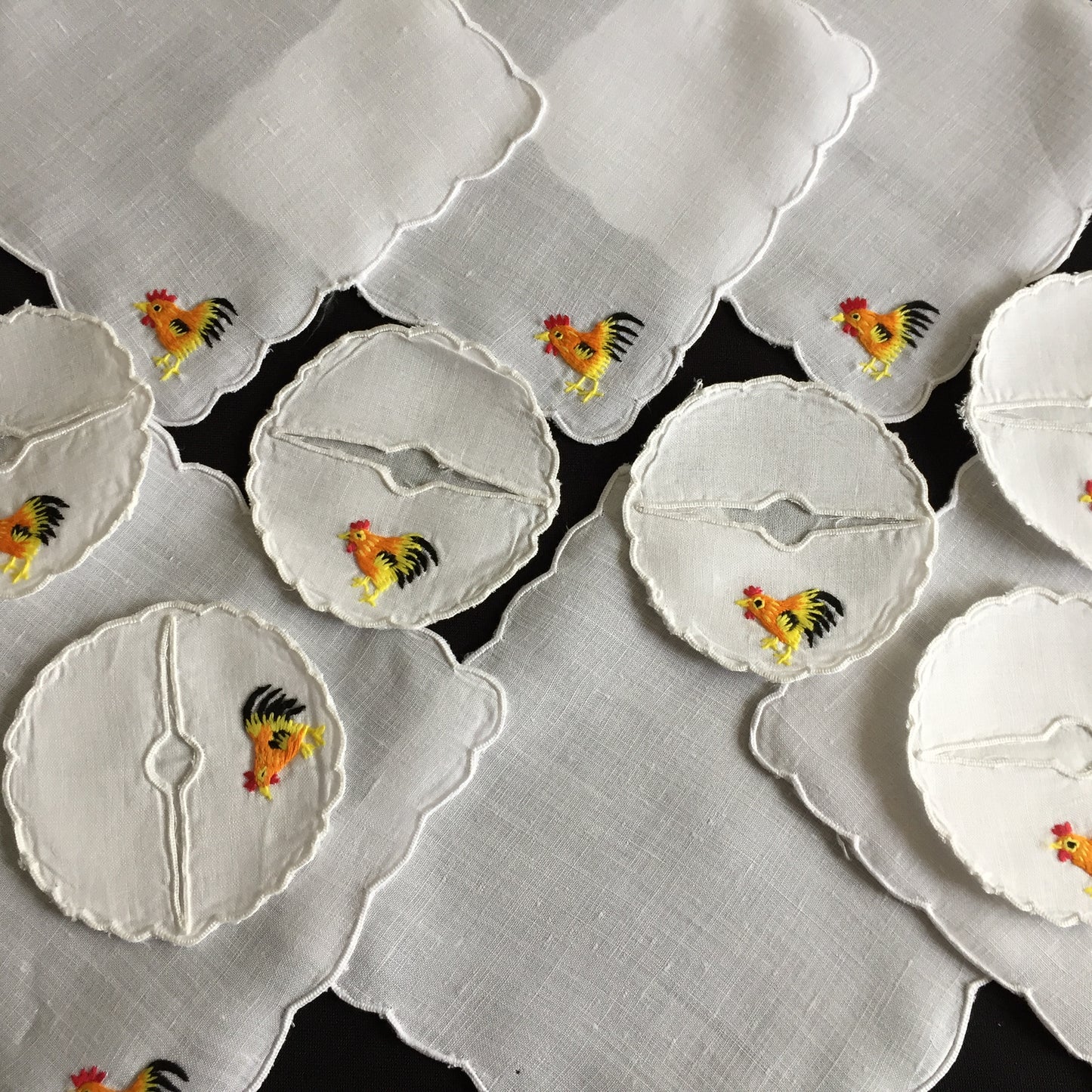 Hen Party Table Decor for 6: Cocktail Napkins & Matching Wine Glass Sleeves | Embroidered Rooster Pattern