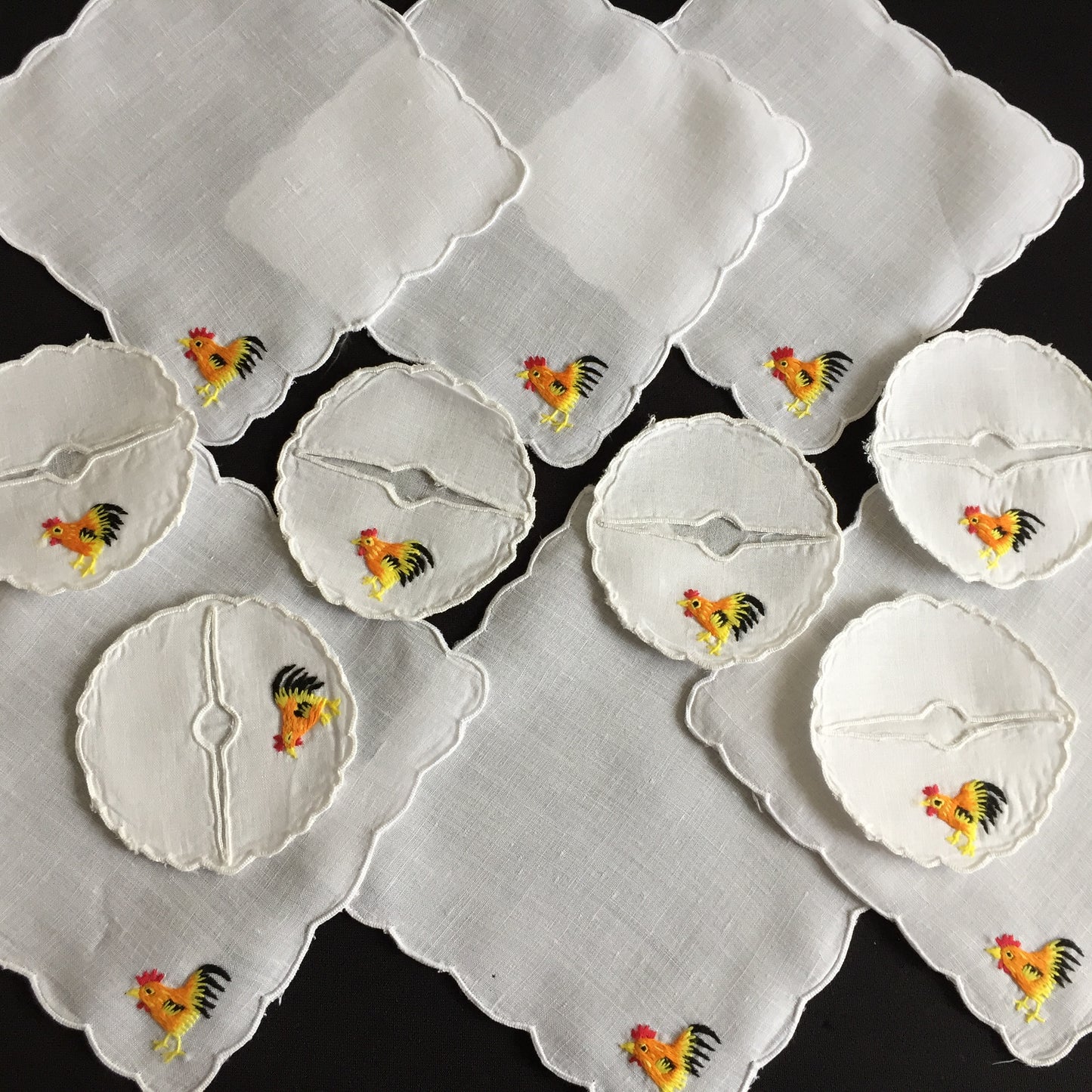 Hen Party Table Decor for 6: Cocktail Napkins & Matching Wine Glass Sleeves | Embroidered Rooster Pattern