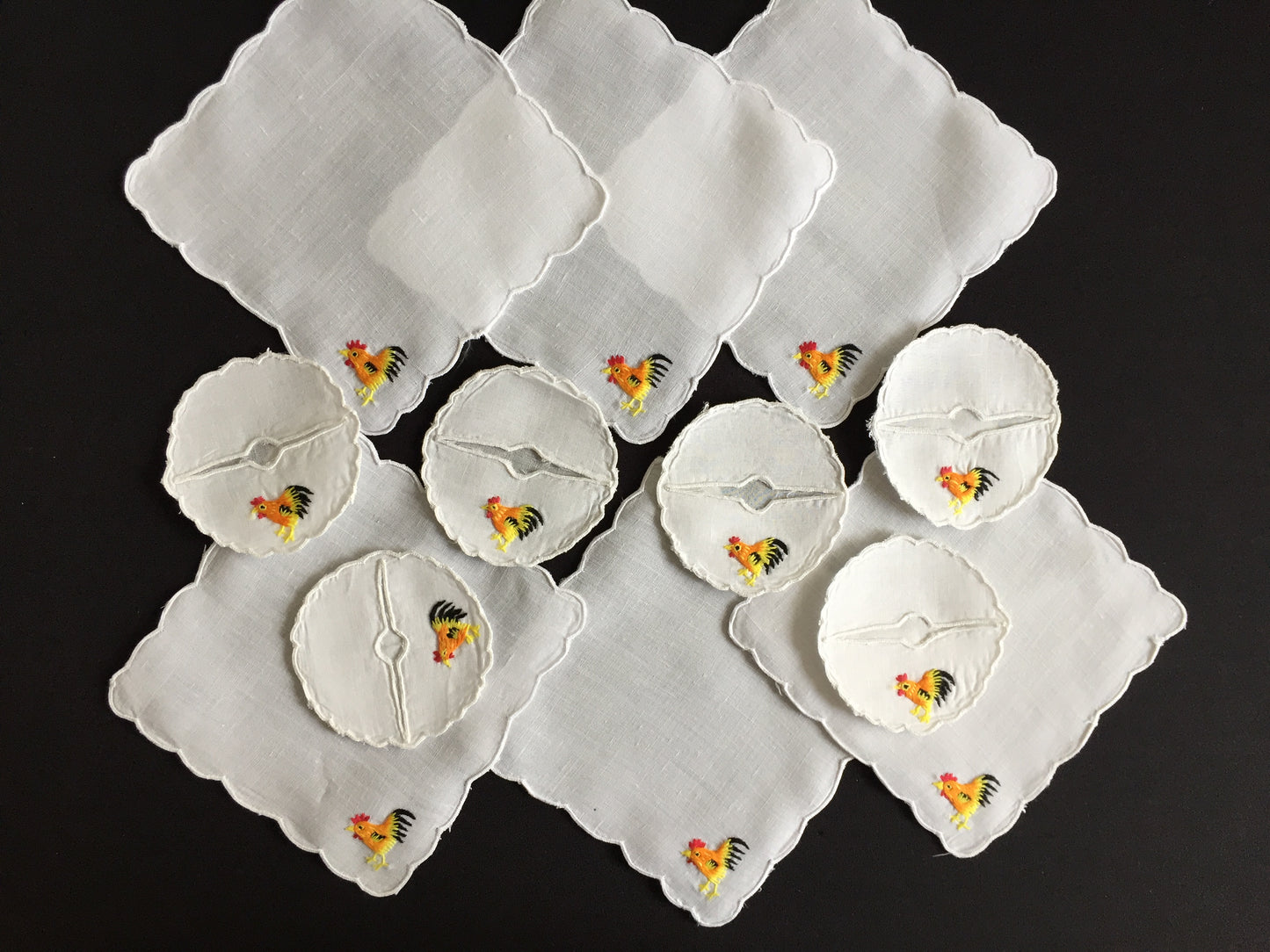 Hen Party Table Decor for 6: Cocktail Napkins & Matching Wine Glass Sleeves | Embroidered Rooster Pattern