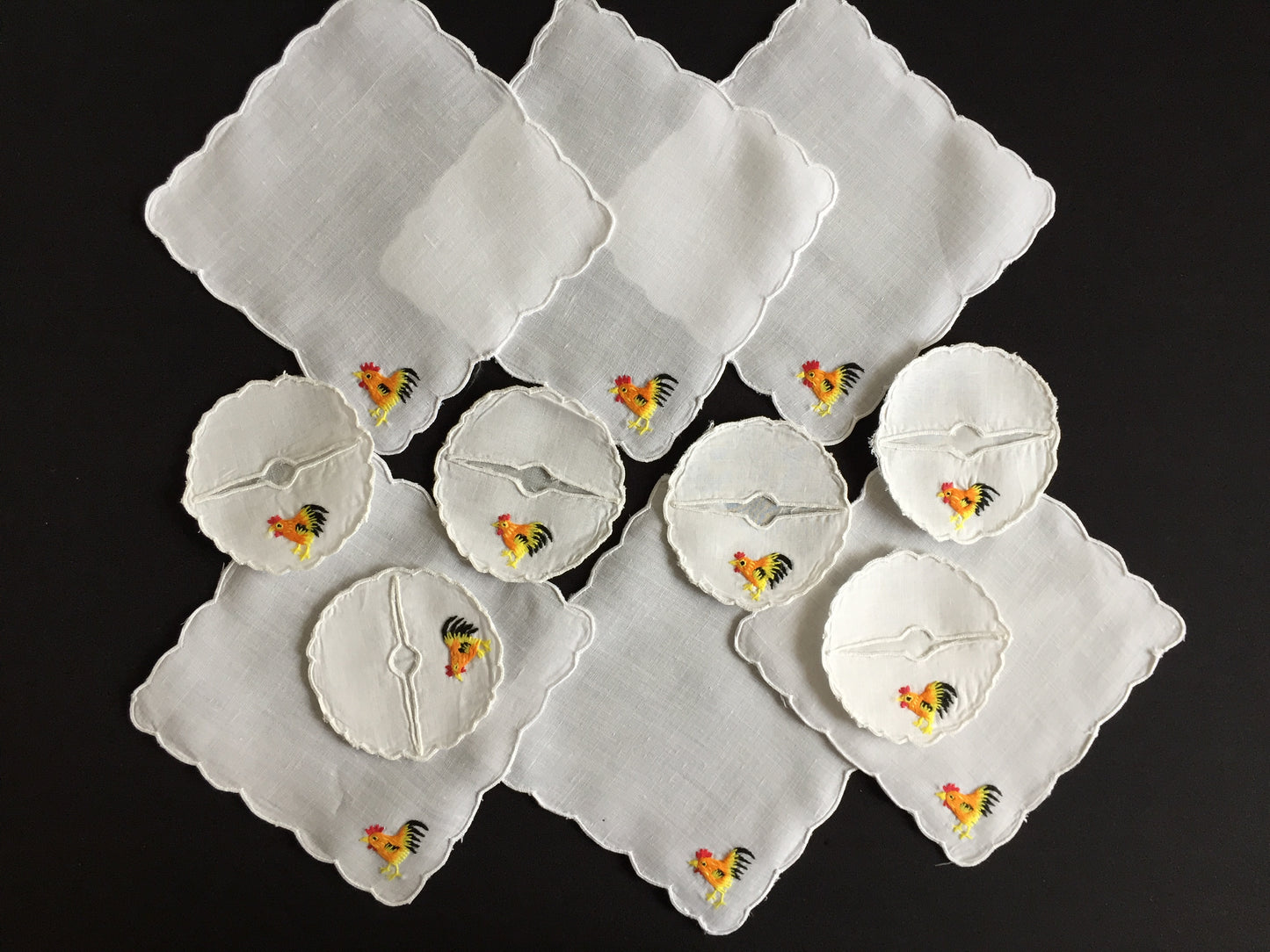 Hen Party Table Decor for 6: Cocktail Napkins & Matching Wine Glass Sleeves | Embroidered Rooster Pattern