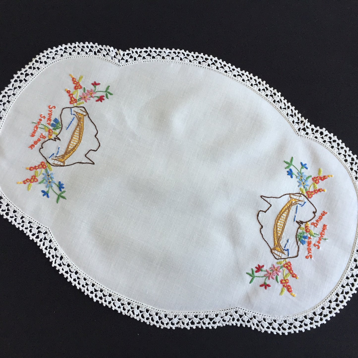 Australian Vintage Hand Embroidered Floral Table Centrepiece / Placemat Doily