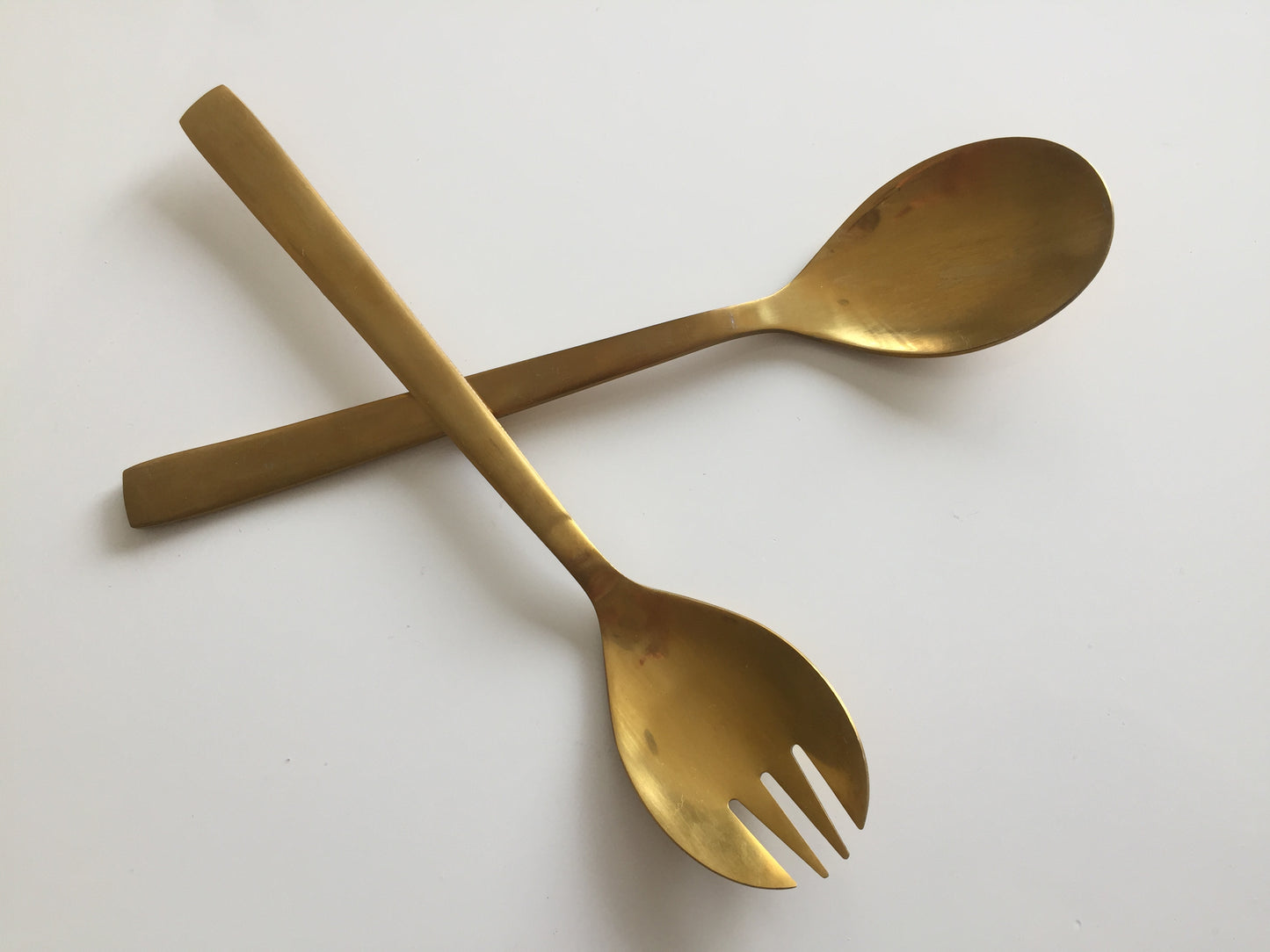 Pair of Satin Gold Tone Stainless Steel Salad Servers | Retro Flatware