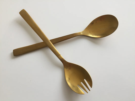Pair of Satin Gold Tone Stainless Steel Salad Servers | Retro Flatware