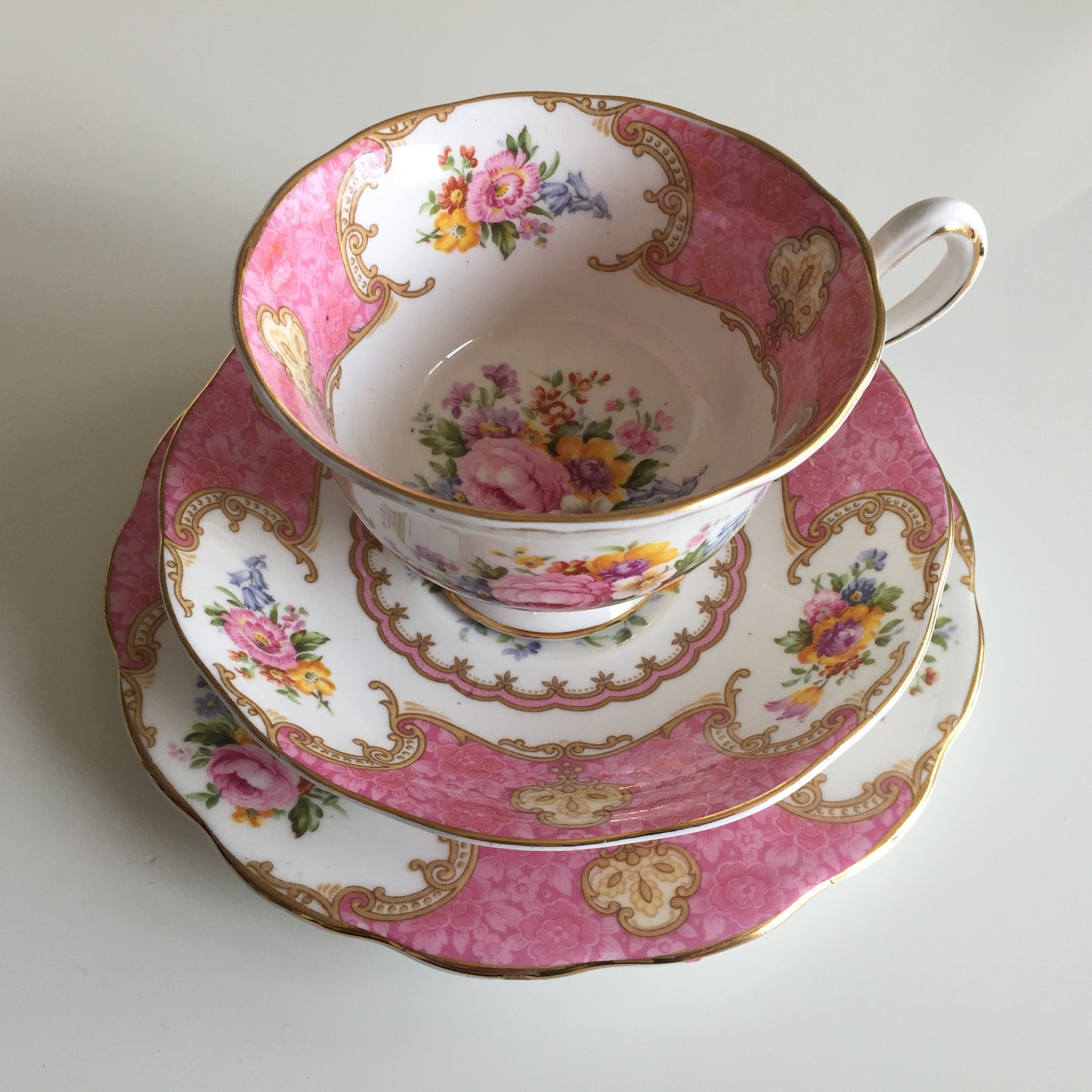 Vintage 1940s ROYAL ALBERT Lady Carlyle Avon Shaped Demitasse Trio Fine Bone China