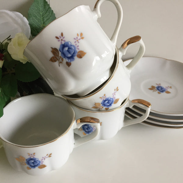 A Set of 4 Japanese Vintage Tea | Coffee Espresso Cups & Saucers Blue | Gold