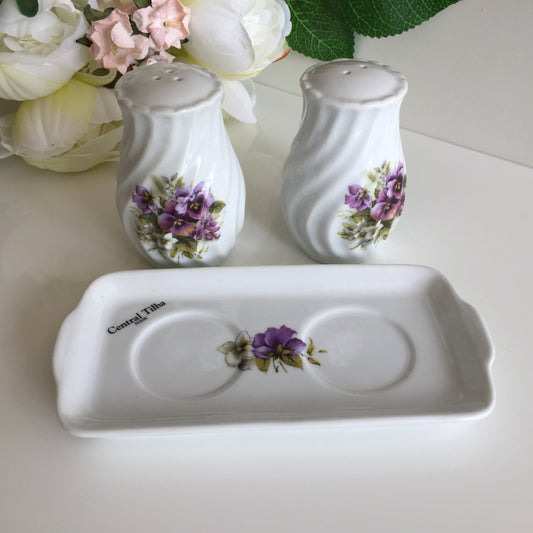 Australian Souvenir Salt and Pepper Shakers Decorated with Pansies Pattern