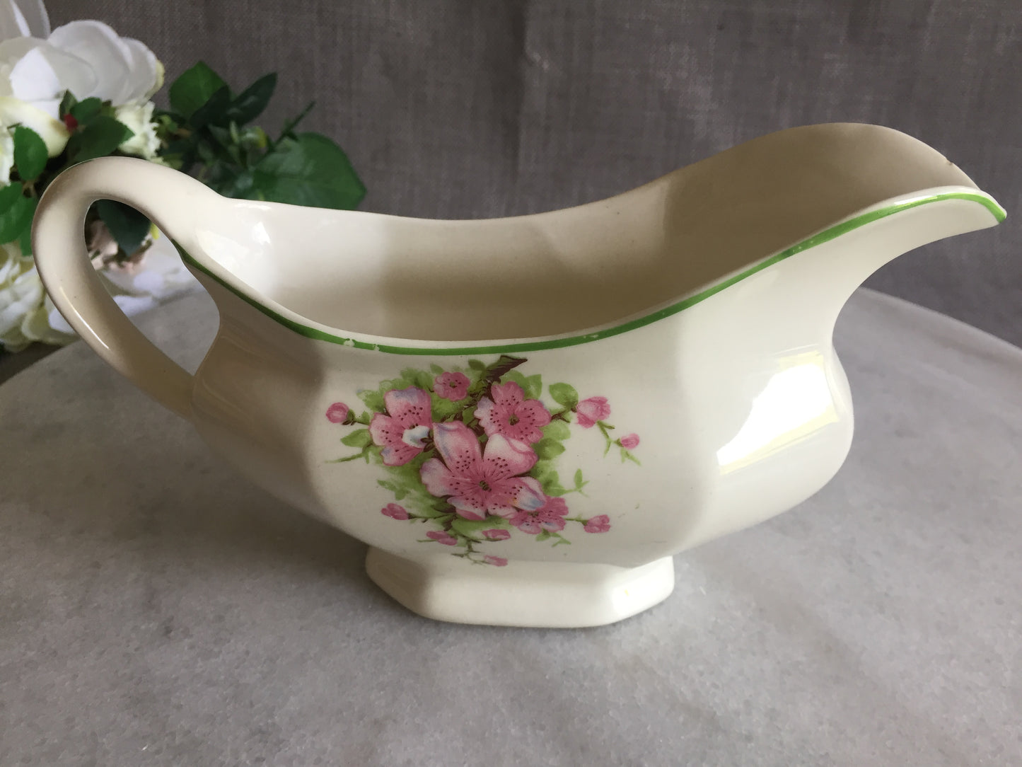 James Kent Old Foley Gravy Boat with Pink Blossom Pattern 1940s Vintage