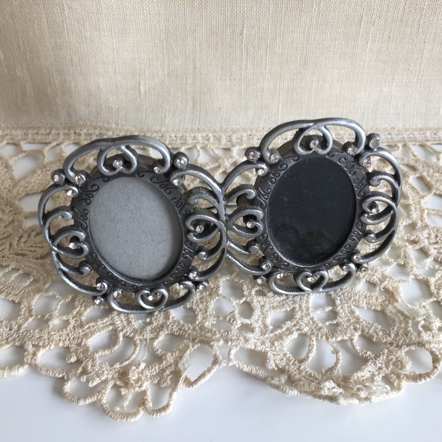 Small Ornate Double Oval Vintage Metal and Rhinestone Photo Frame