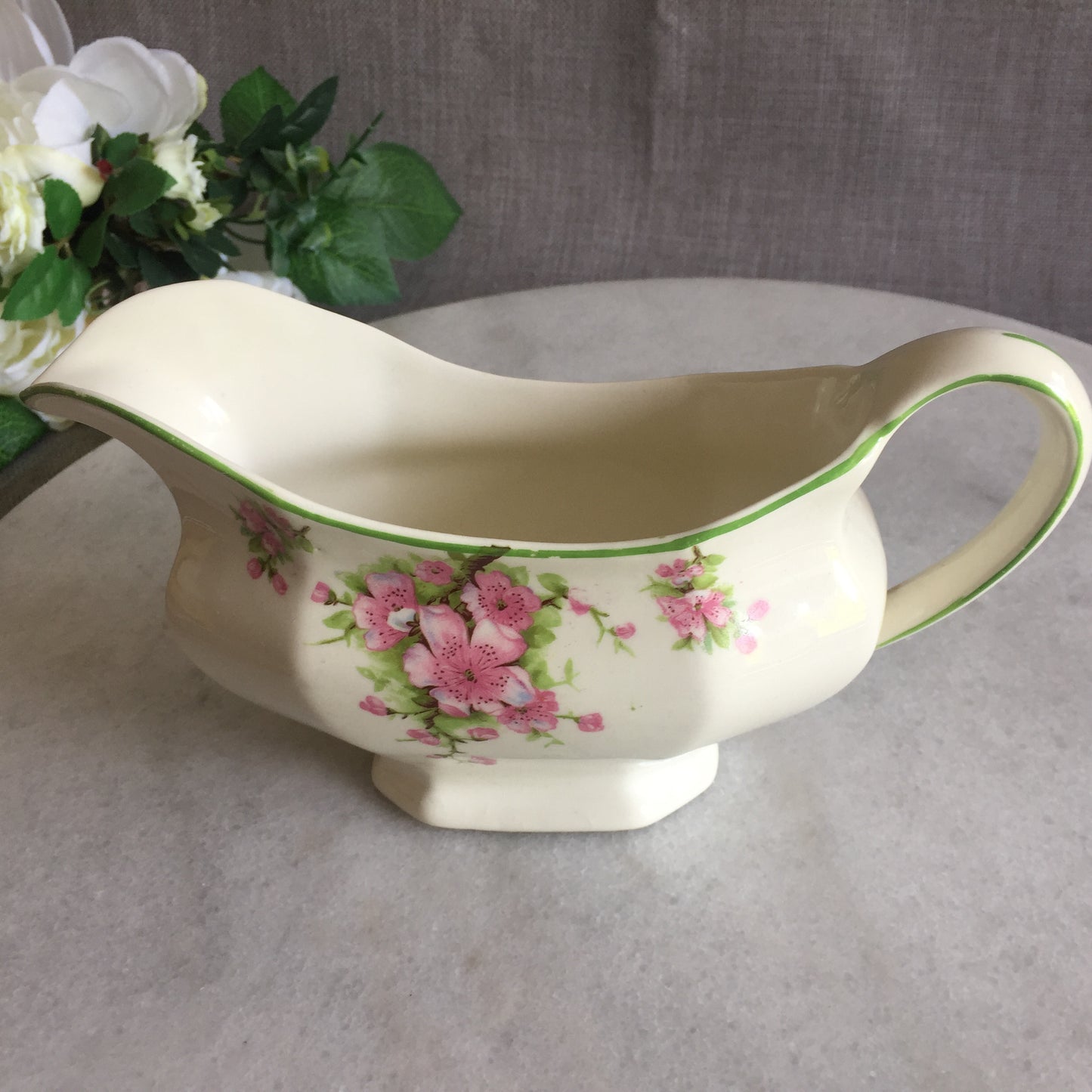James Kent Old Foley Gravy Boat with Pink Blossom Pattern 1940s Vintage