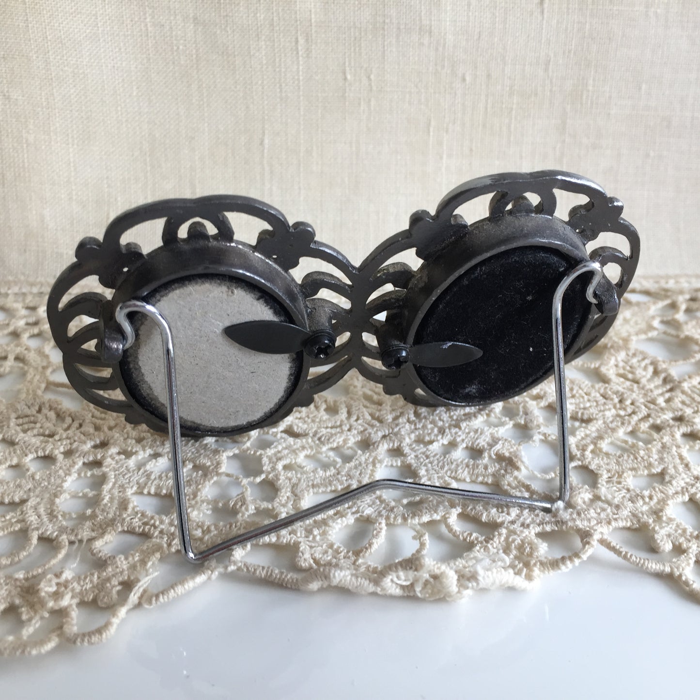 Small Ornate Double Oval Vintage Metal and Rhinestone Photo Frame