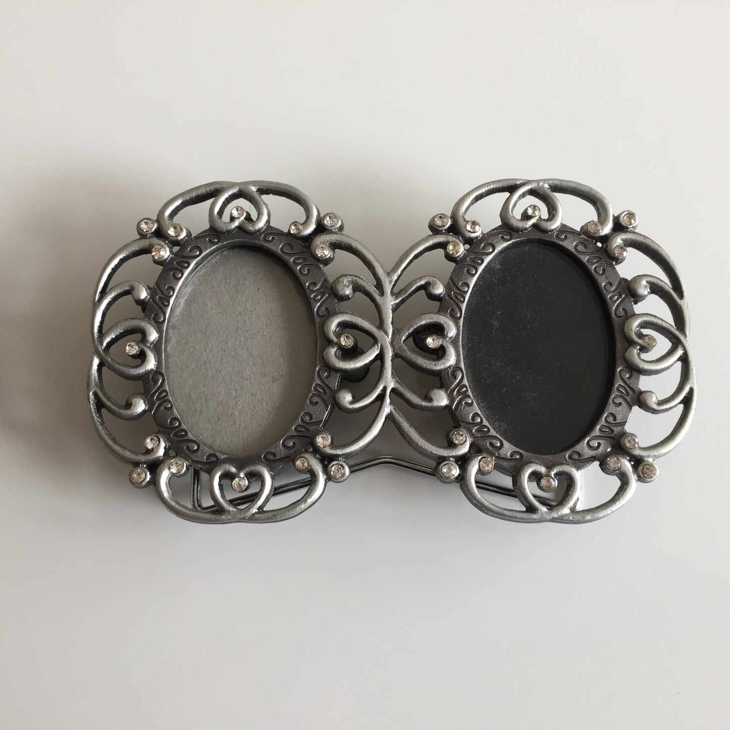 Small Ornate Double Oval Vintage Metal and Rhinestone Photo Frame
