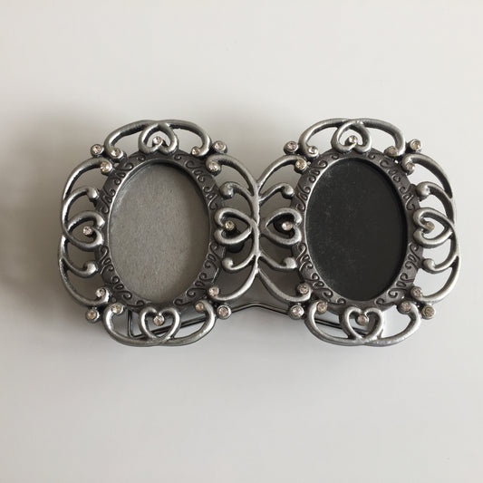 Small Ornate Double Oval Vintage Metal and Rhinestone Photo Frame