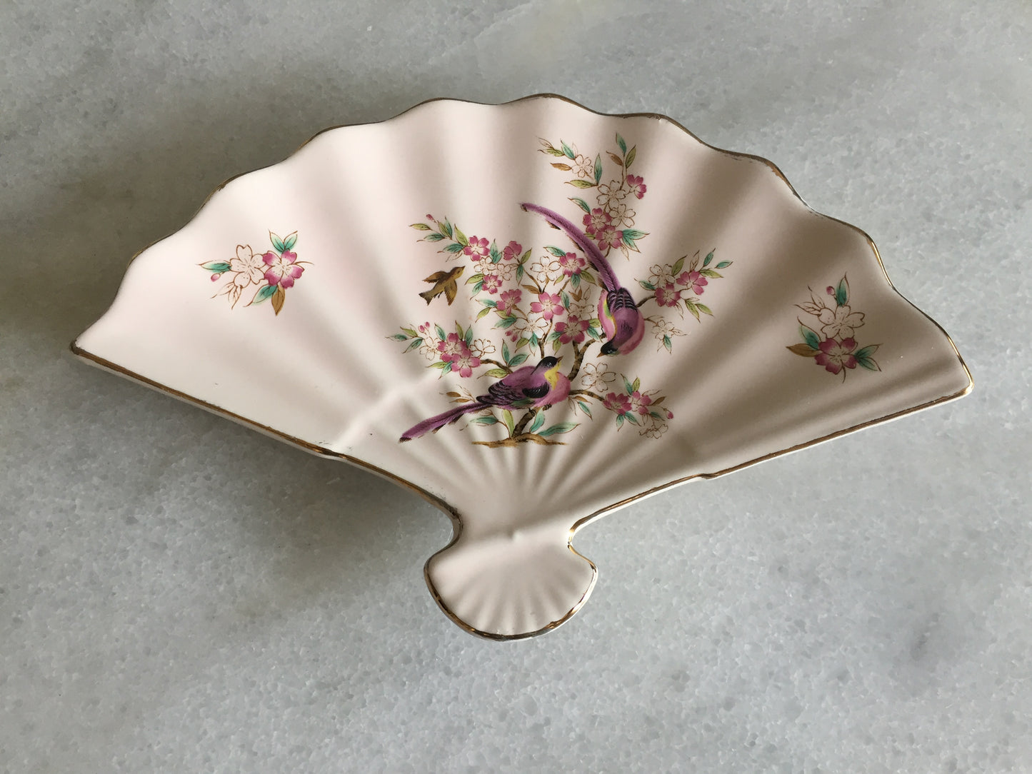 Japanese Porcelain Trinket Plate | Fan Shaped Ring Tray | Oriental Birds, Flowers