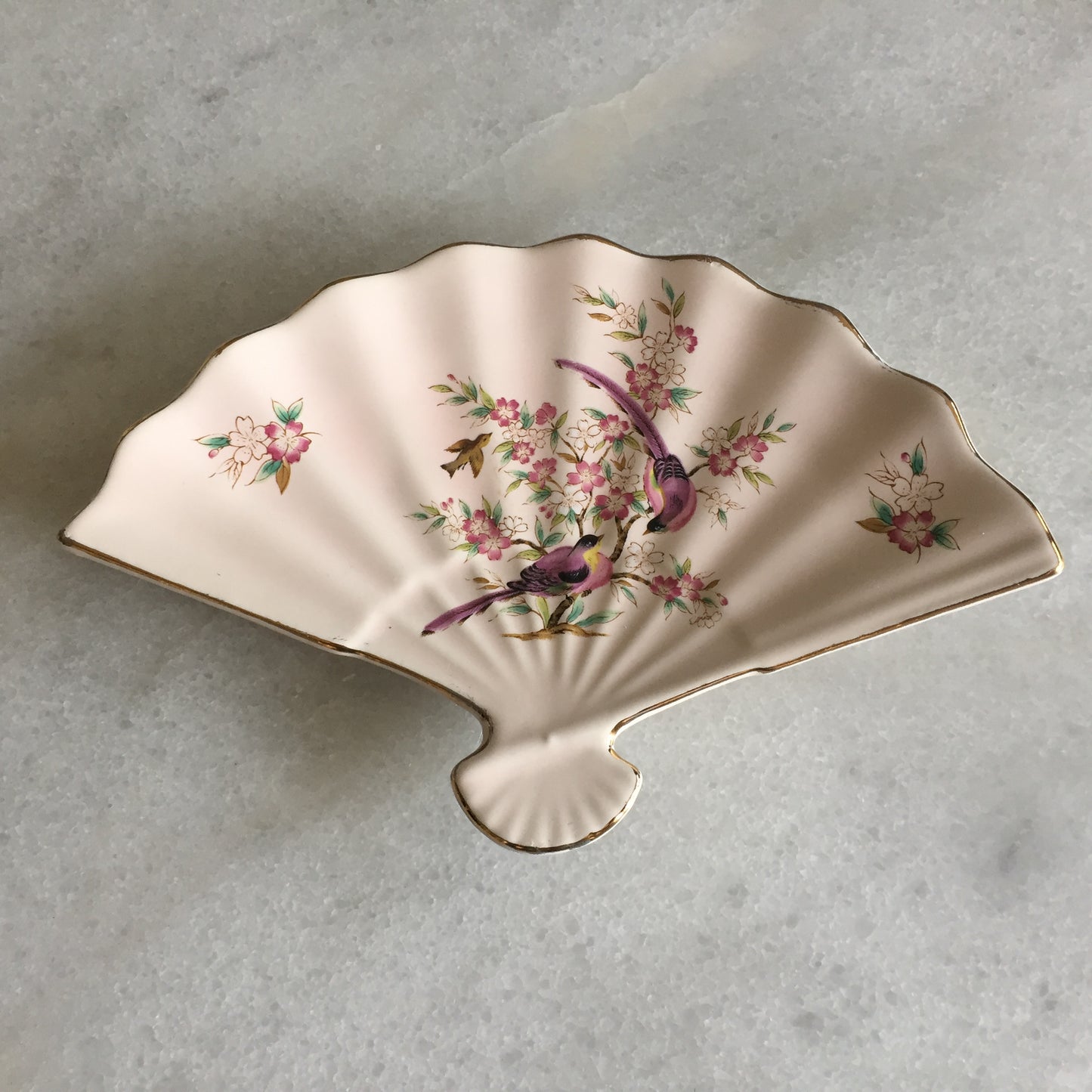 Japanese Porcelain Trinket Plate | Fan Shaped Ring Tray | Oriental Birds, Flowers