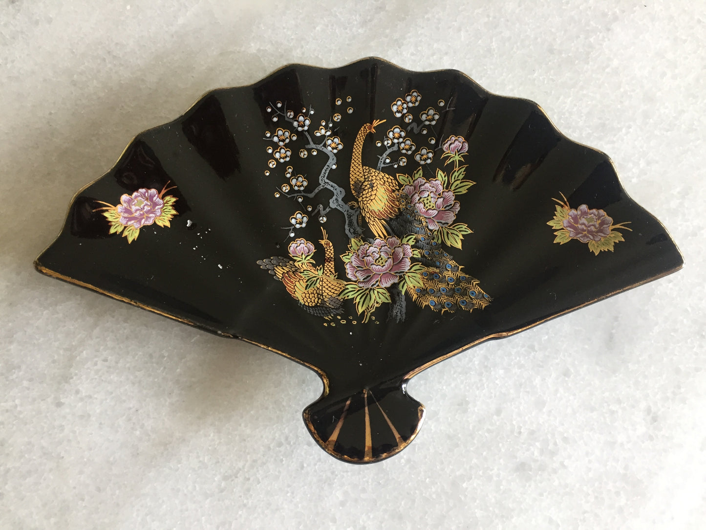 Japanese Porcelain Trinket Plate | Fan Shaped Ring Tray | Oriental Birds, Flowers
