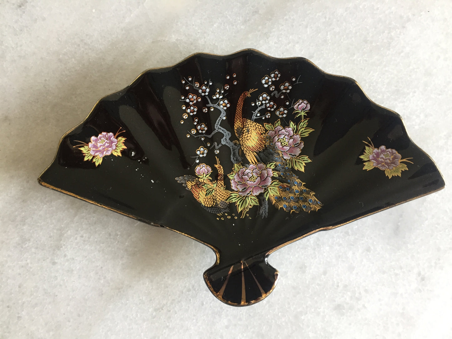 Japanese Porcelain Trinket Plate | Fan Shaped Ring Tray | Oriental Birds, Flowers