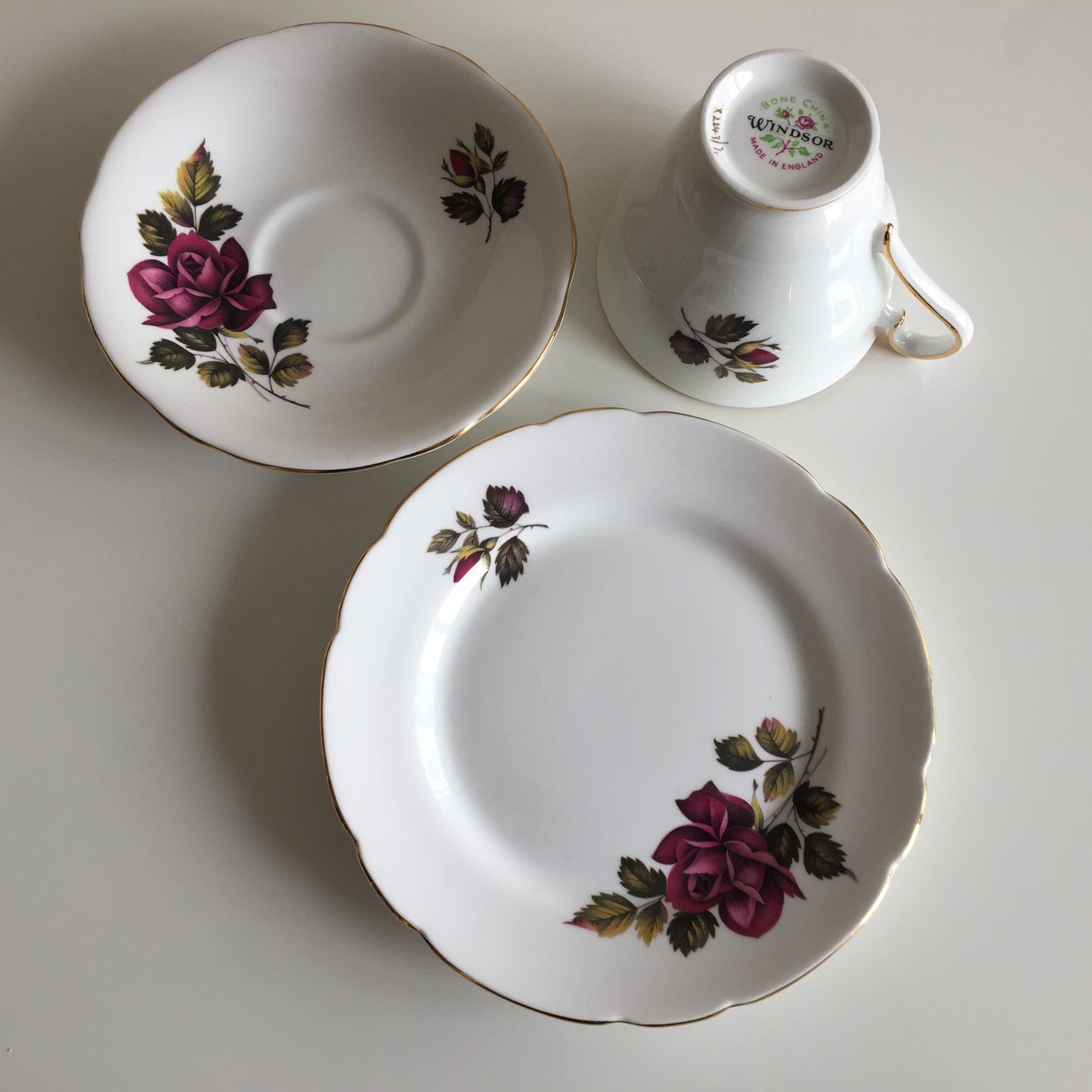 Vintage Porcelain Demitasse Trio with Rose Pattern: Teacup, Saucer & Dessert Plate
