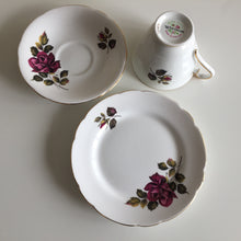Load image into Gallery viewer, Vintage Porcelain Demitasse Trio with Rose Pattern: Teacup, Saucer &amp; Dessert Plate