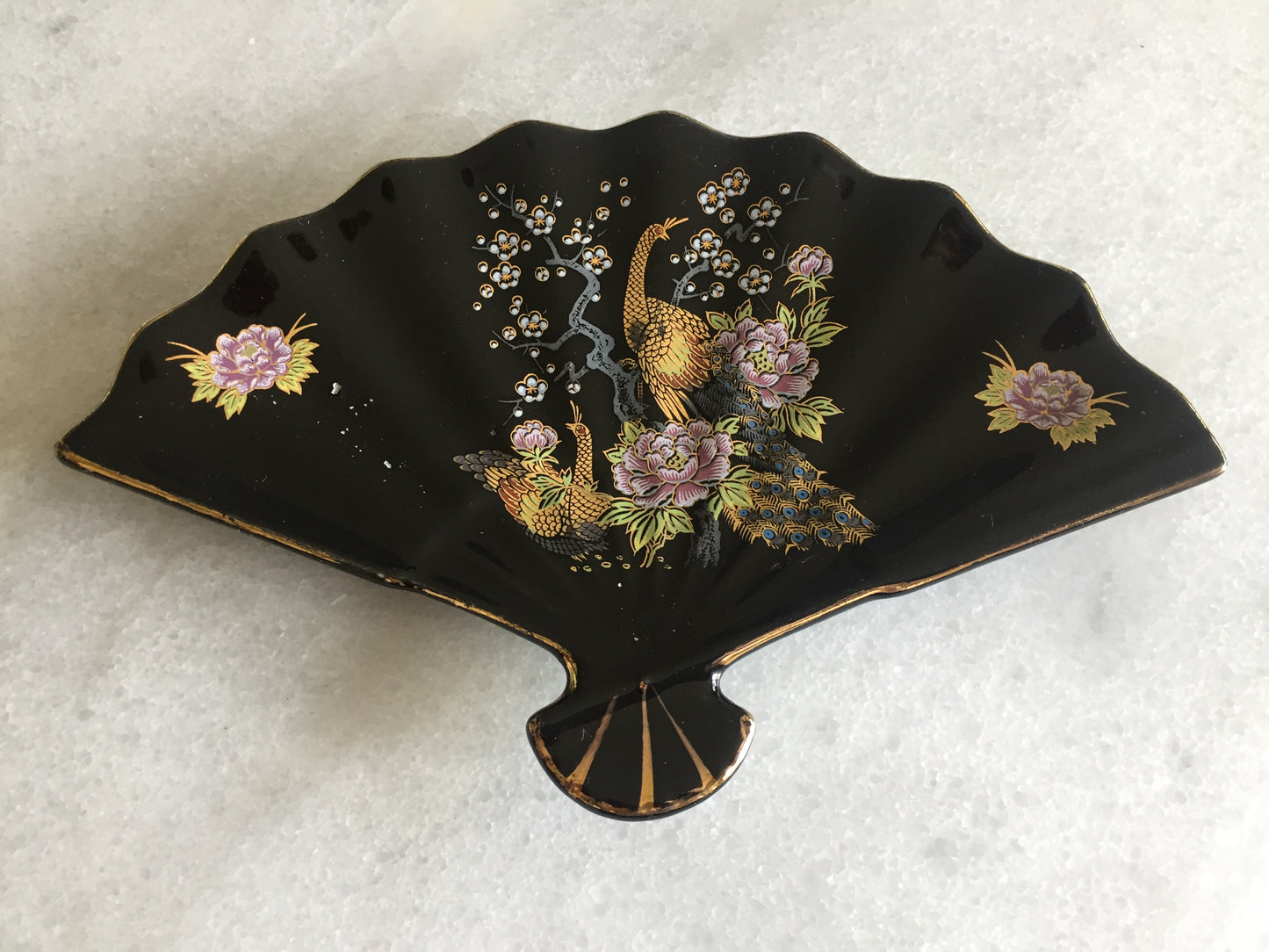 Japanese Porcelain Trinket Plate | Fan Shaped Ring Tray | Oriental Birds, Flowers